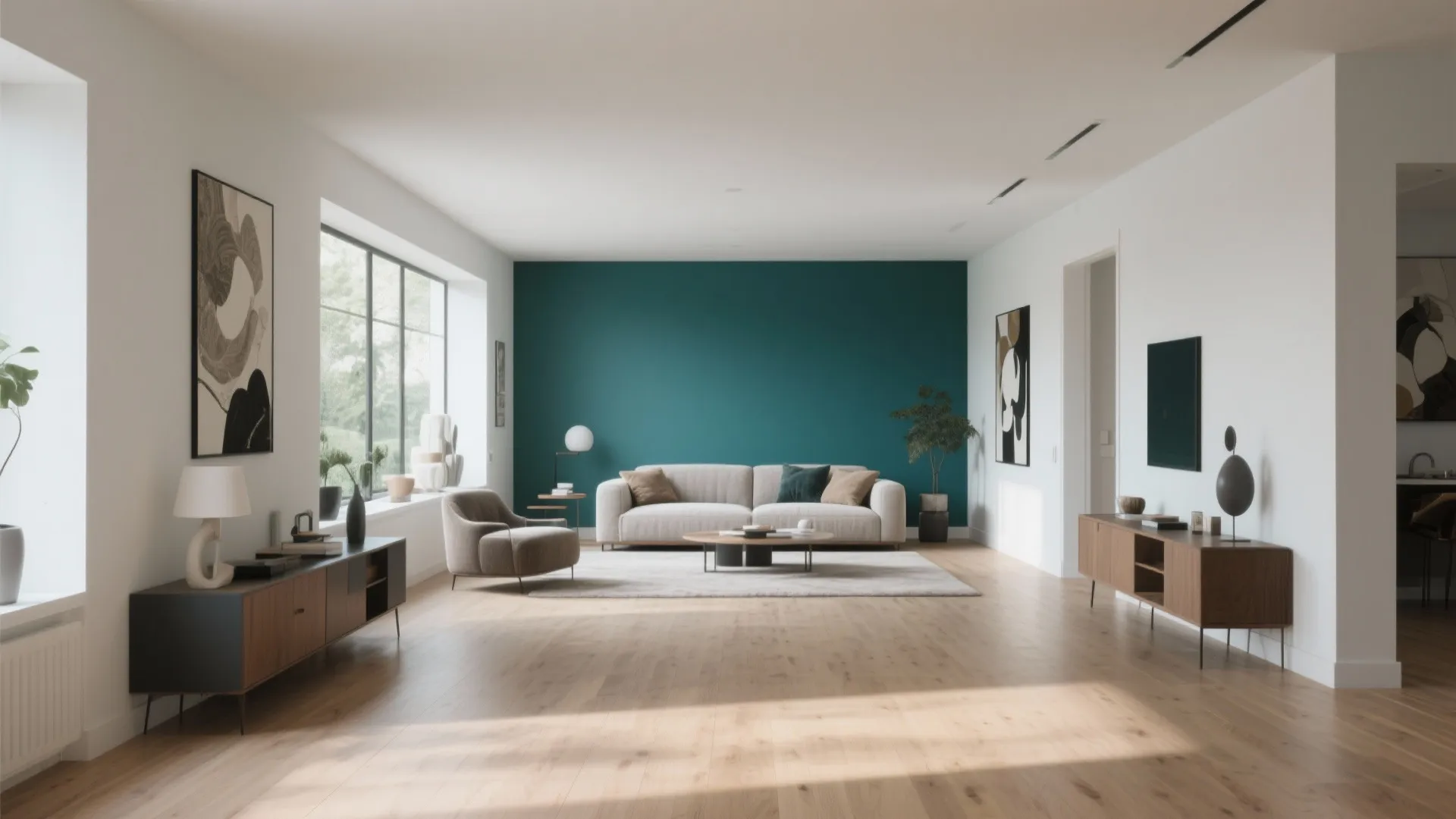 Spacious living room with teal accent wall white sofa wood floor cabinets and large windows