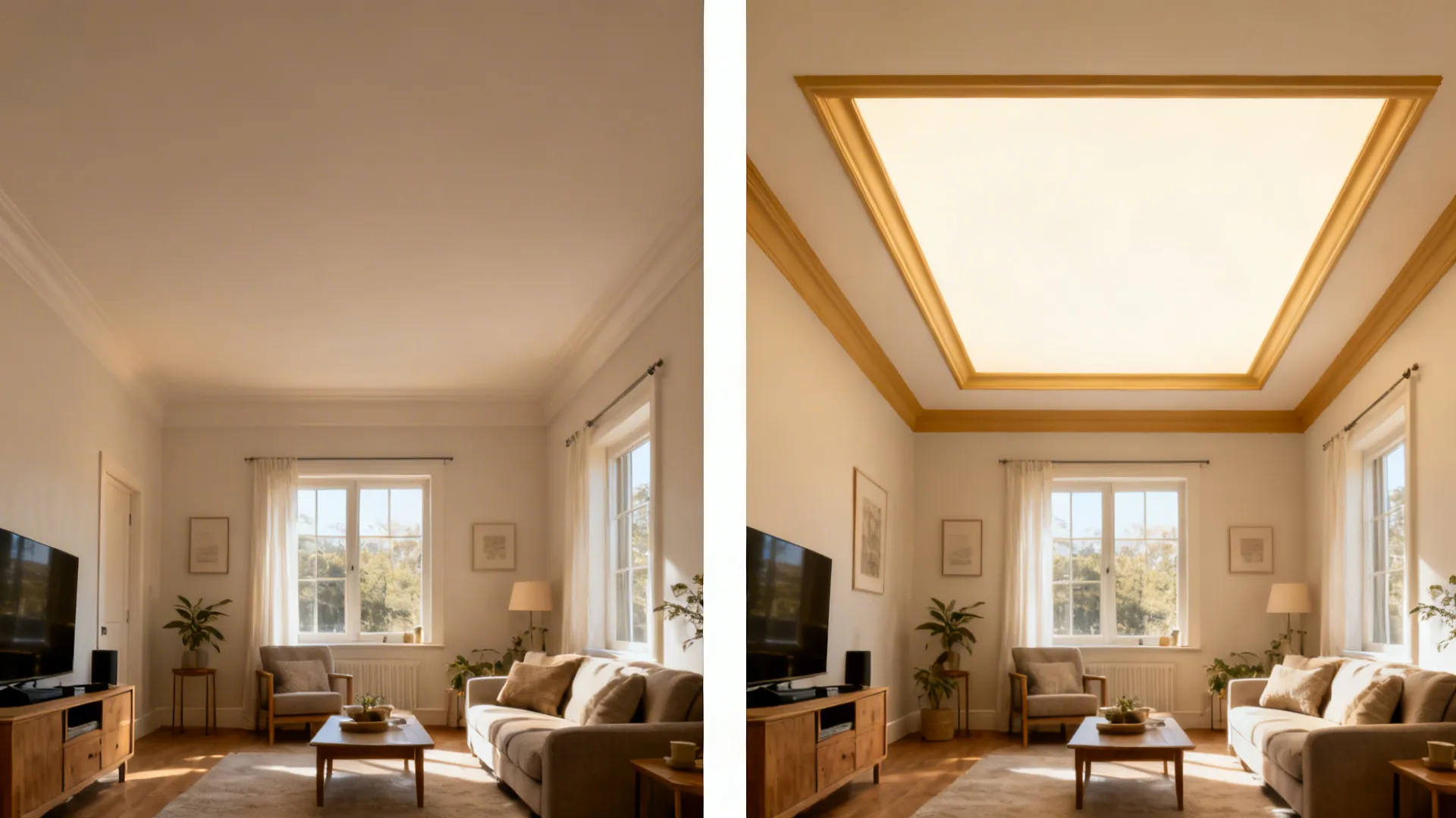 Split comparison showing ceiling before and after painted border band adds lift.