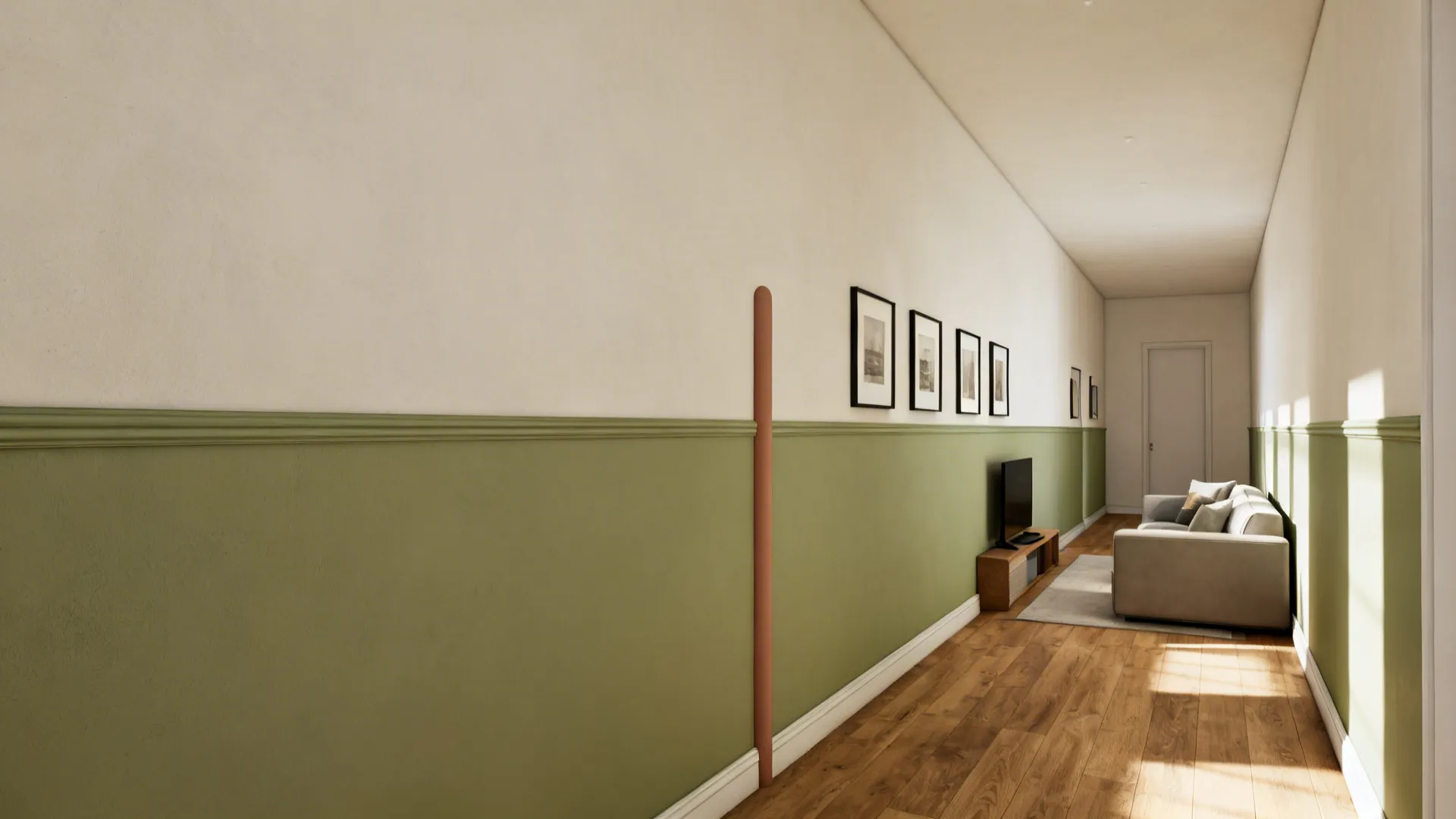 Narrow living room with a precise eucalyptus green band at eye level that elongates the space.