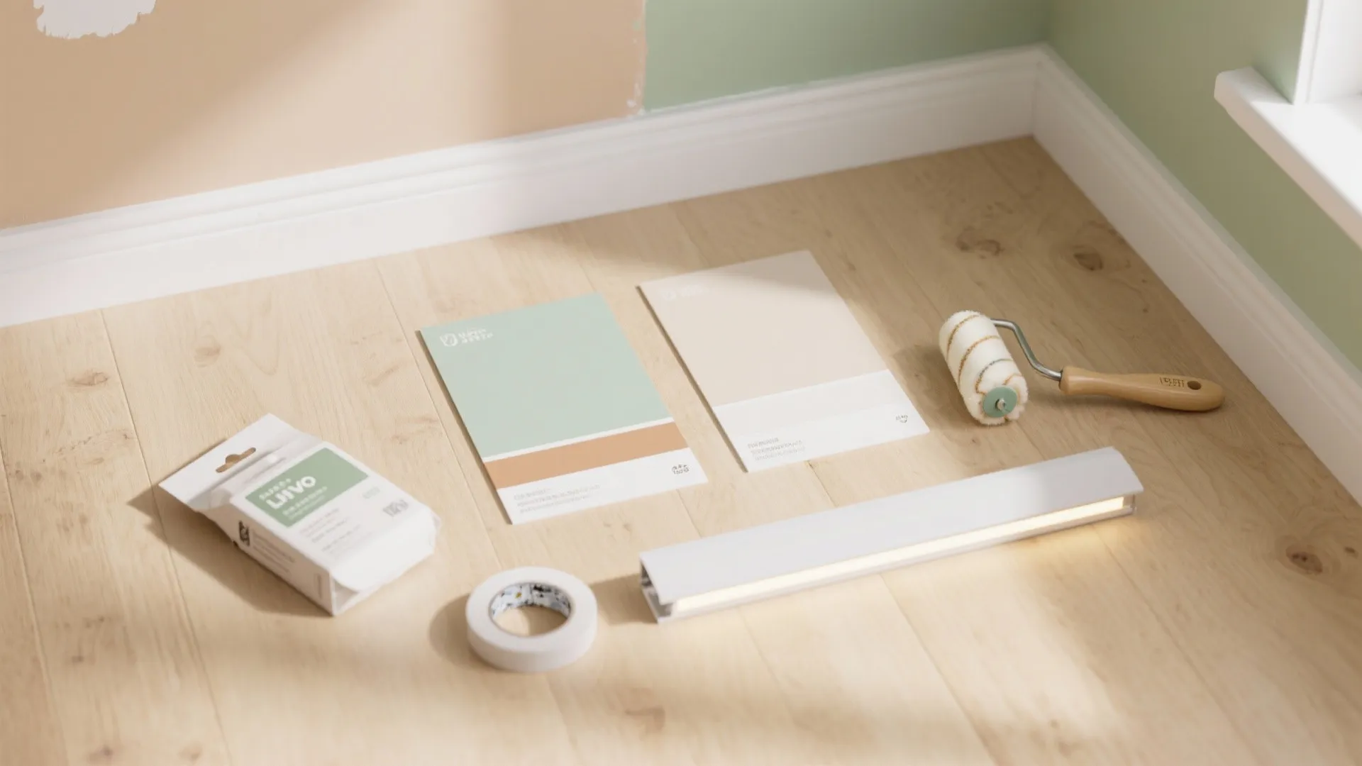 Home improvement tools and paint color cards placed on wooden floor next to a wall light
