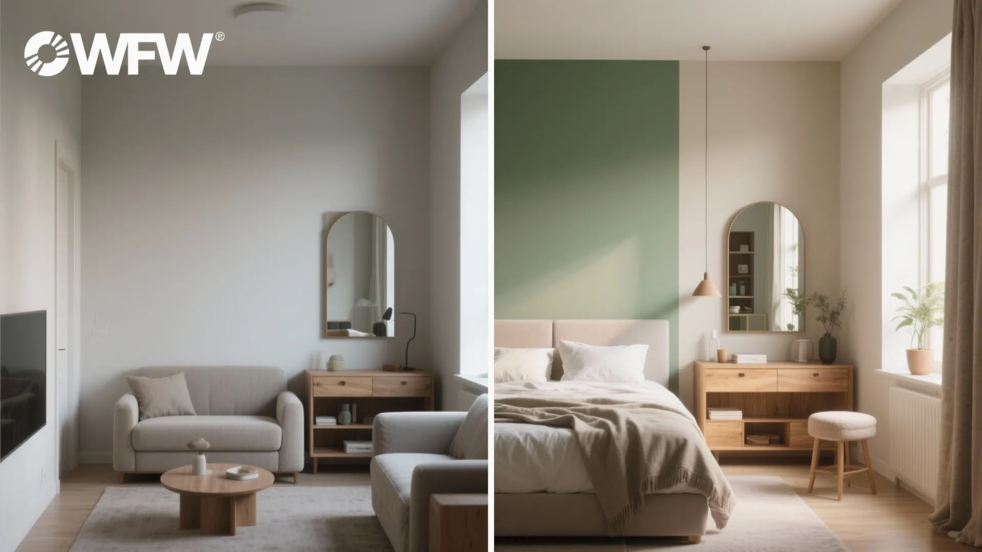 Before and after comparison showing a simple white living room transformed into a green bedroom design