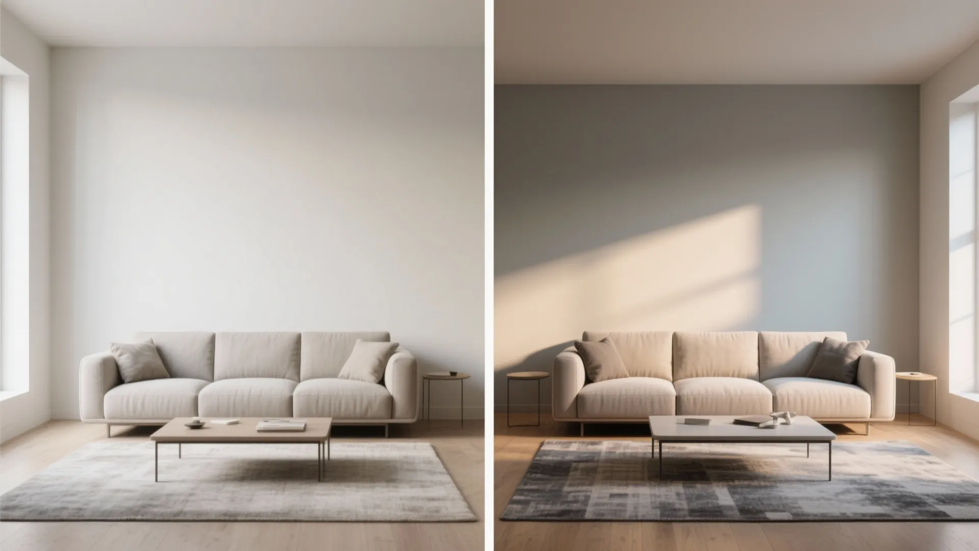 Split image showing before and after color trick: plain tall wall vs. top third in a darker shade with gradient.