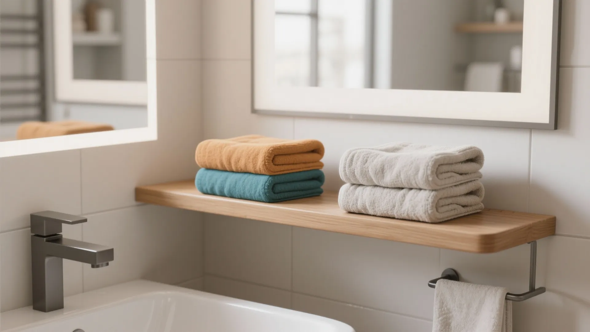 Wooden bathroom shelf with stacked colorful and white towels near a sink and wall mirror