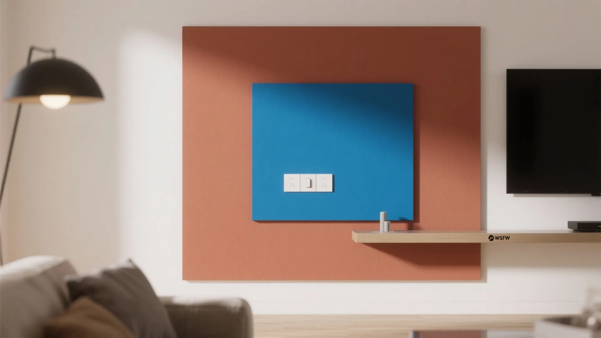 Modern living room wall with orange and blue square panels holding three white light switches