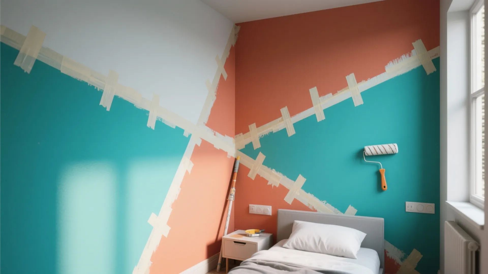 Bedroom wall painting project using tape to create geometric shapes with orange and blue paint
