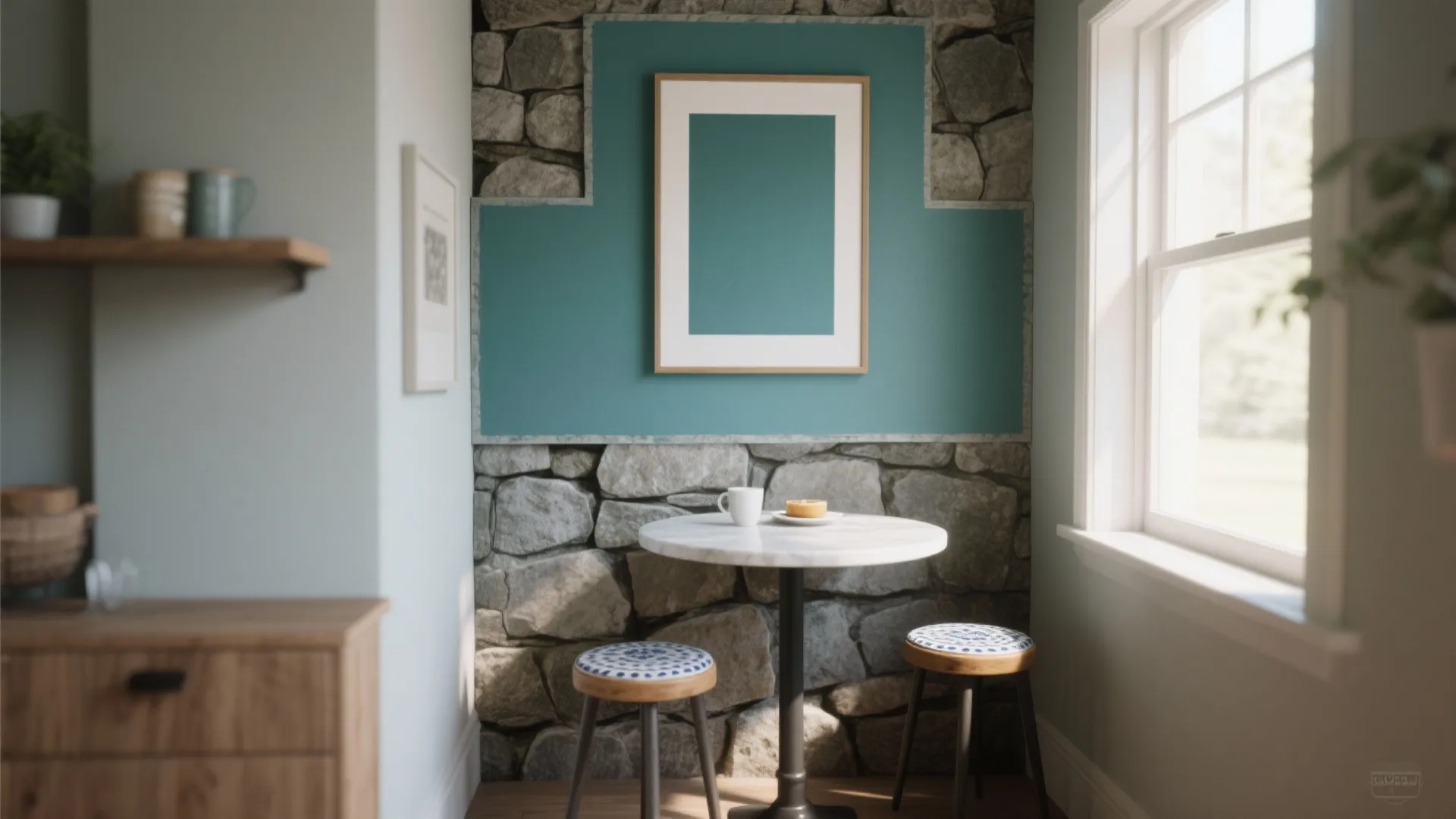 Small dining nook with teal wall paint, stone wall, marble table, two stools, and window