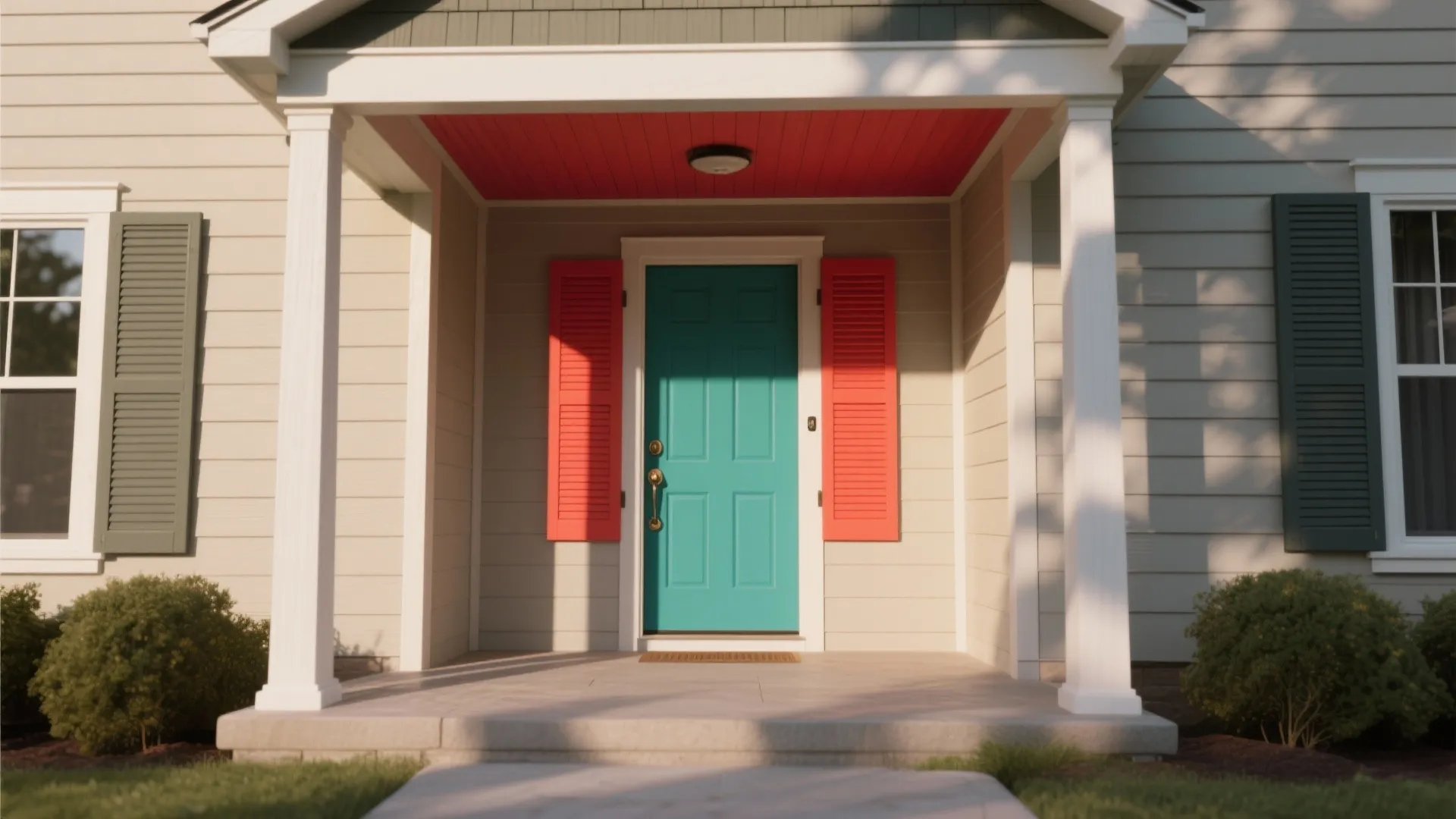 Front porch with a bright blue door orange shutters white columns and a red ceiling