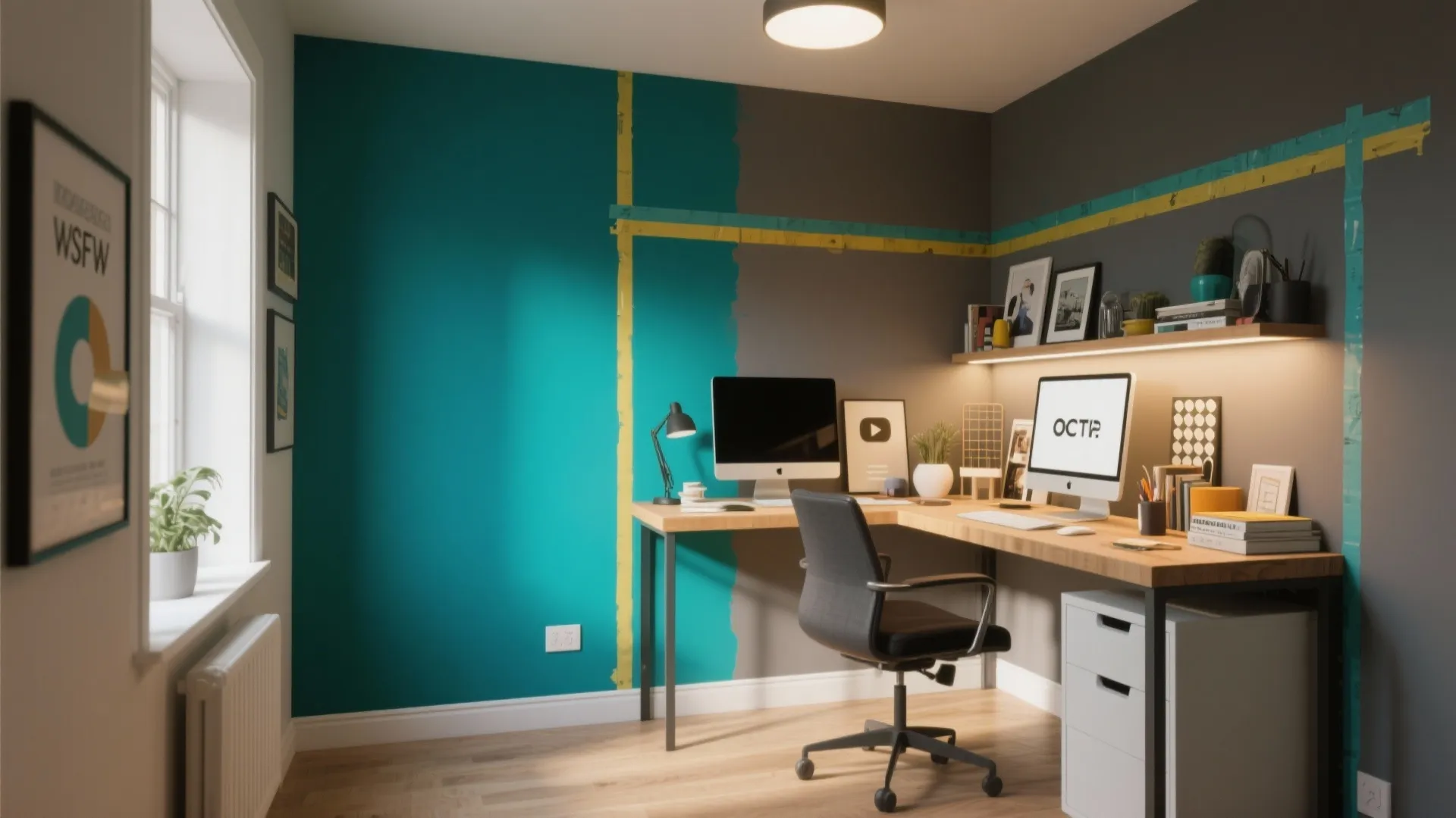 Modern home office featuring a teal and grey accent wall wooden desk and black office chair
