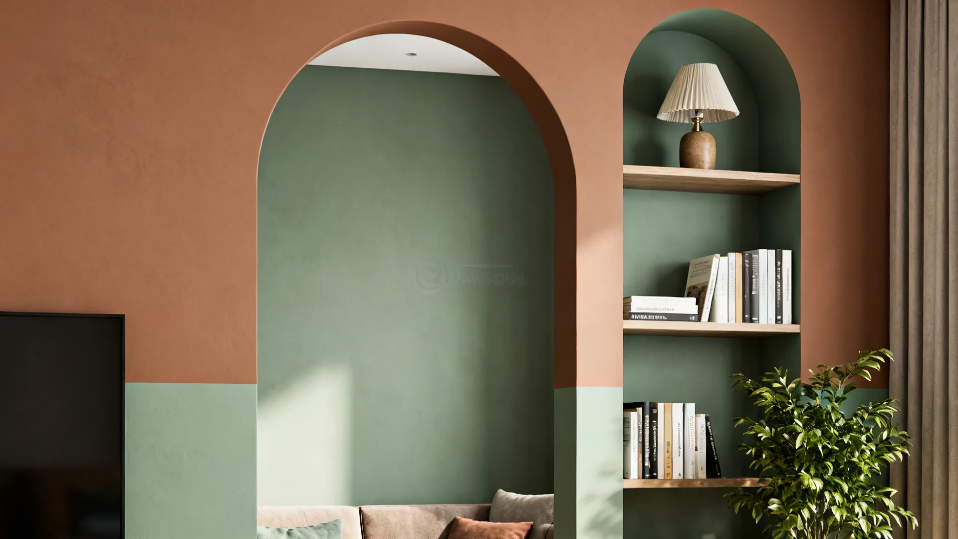 Living room niche framed by a painted arch in muted clay, with styled shelves and soft daylight.
