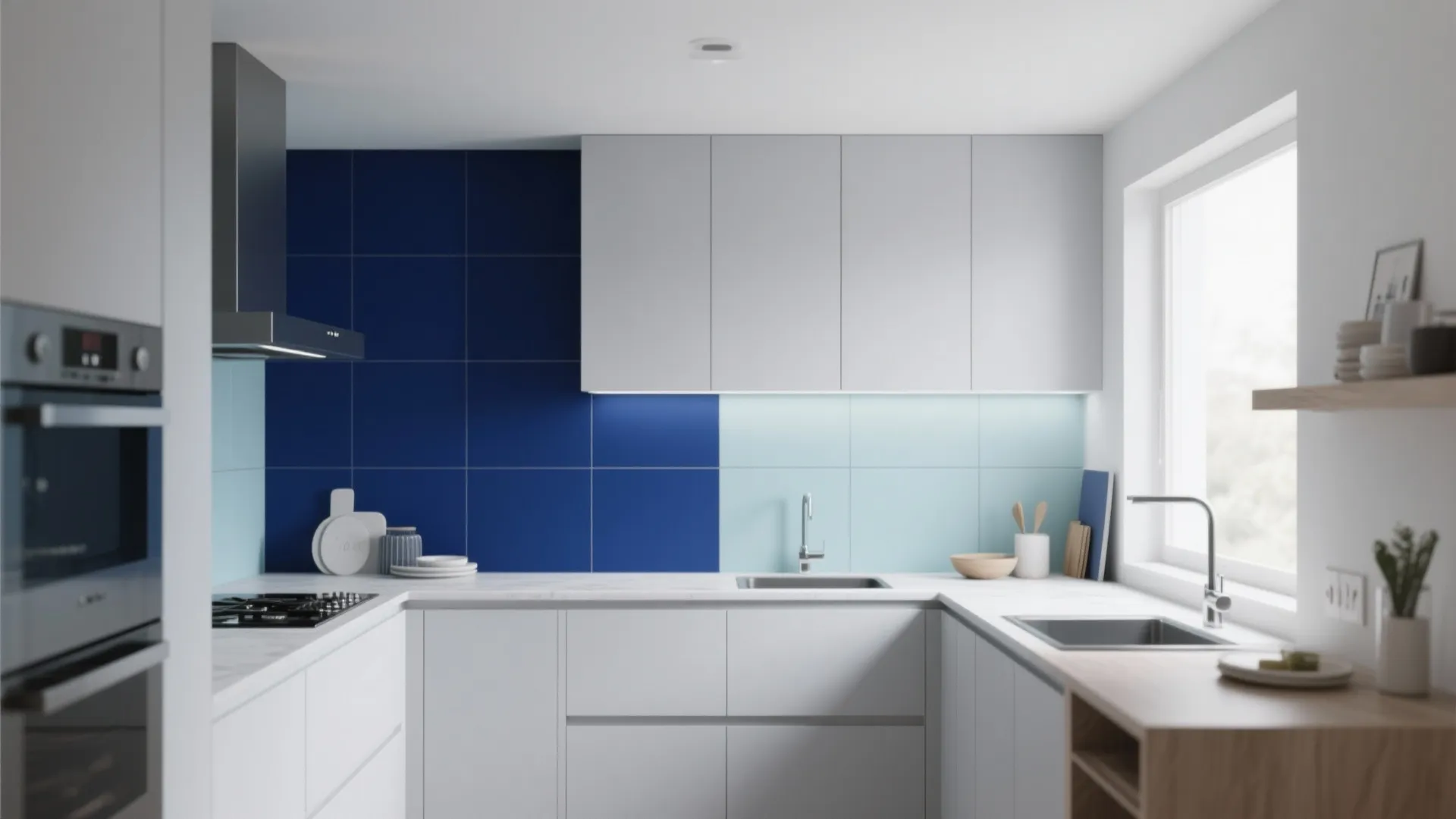 Minimalist white kitchen featuring blue and light blue wall tiles with white cabinets and silver faucet