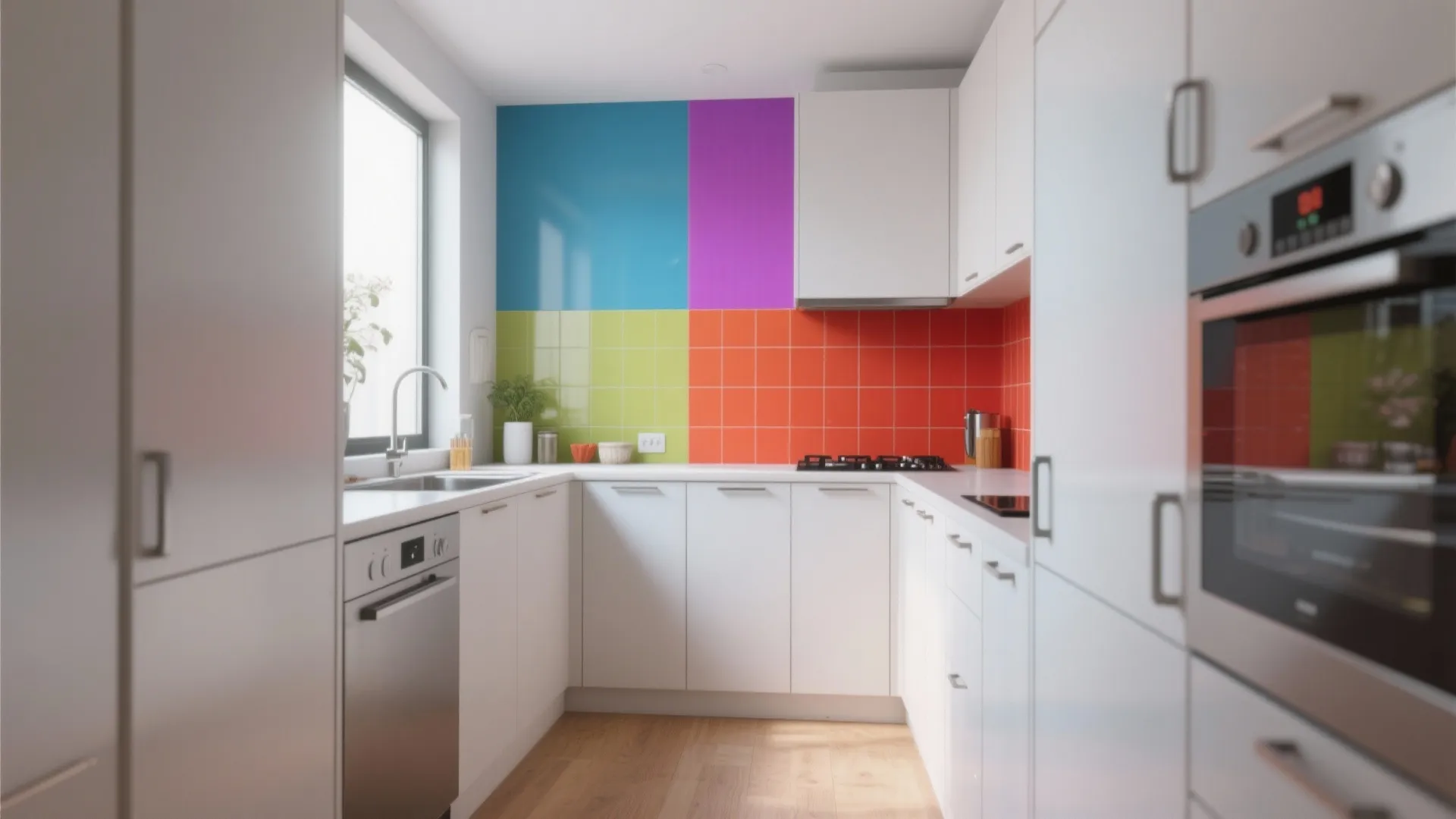 White kitchen room layout featuring a colorful wall with blue, purple, green, and orange tiles
