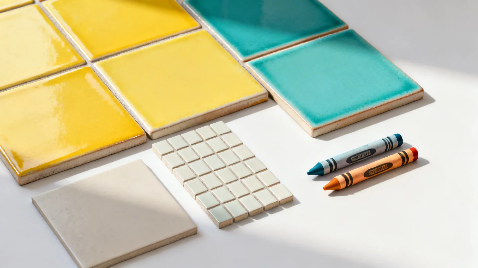 Flat lay of yellow and teal backsplash tiles with neutral cabinet swatch and matching crayons.