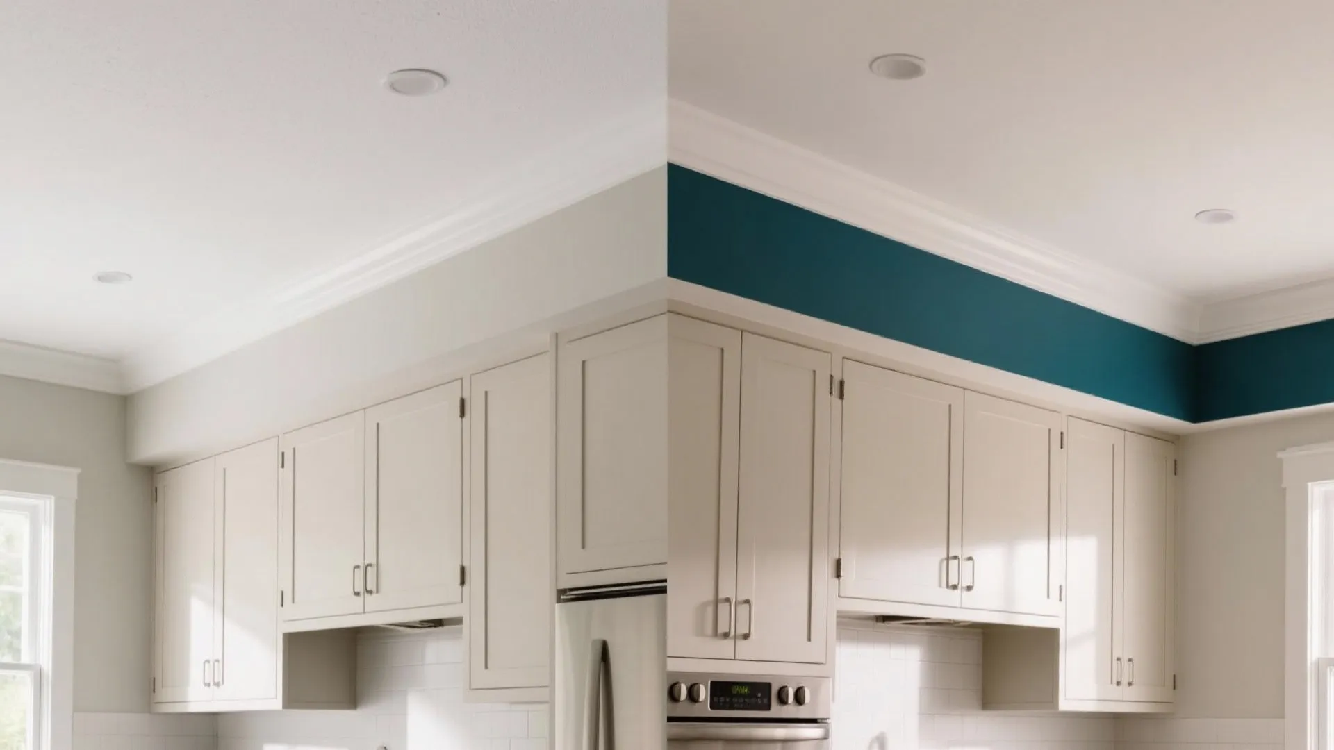 Before and after comparison of kitchen cabinets with a new dark blue paint wall detail
