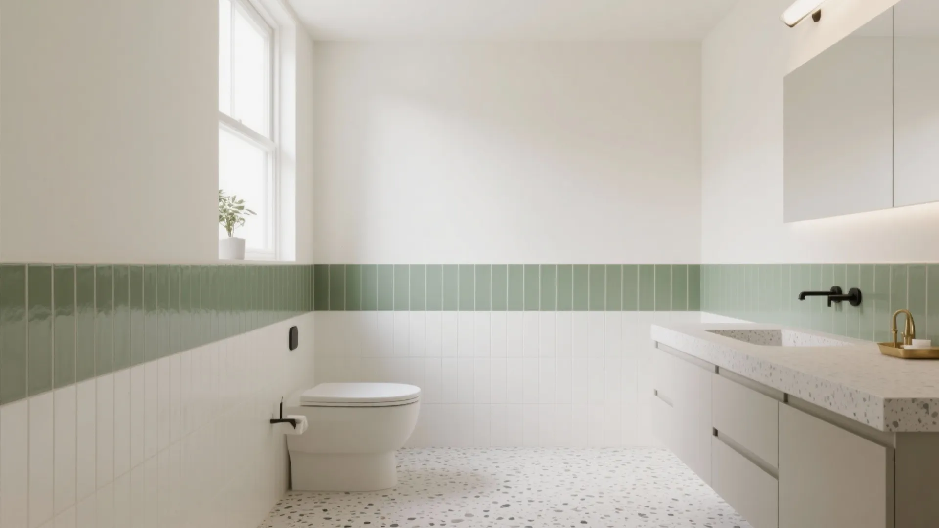 Modern bathroom with a muted eucalyptus color-block border unifying white tiles and terrazzo floor.