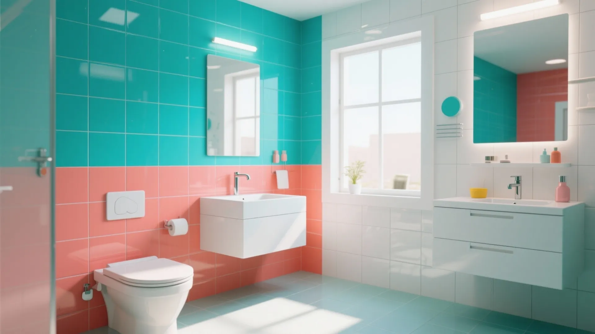Modern colorful bathroom featuring pink and teal wall tiles with white sink toilet and mirror