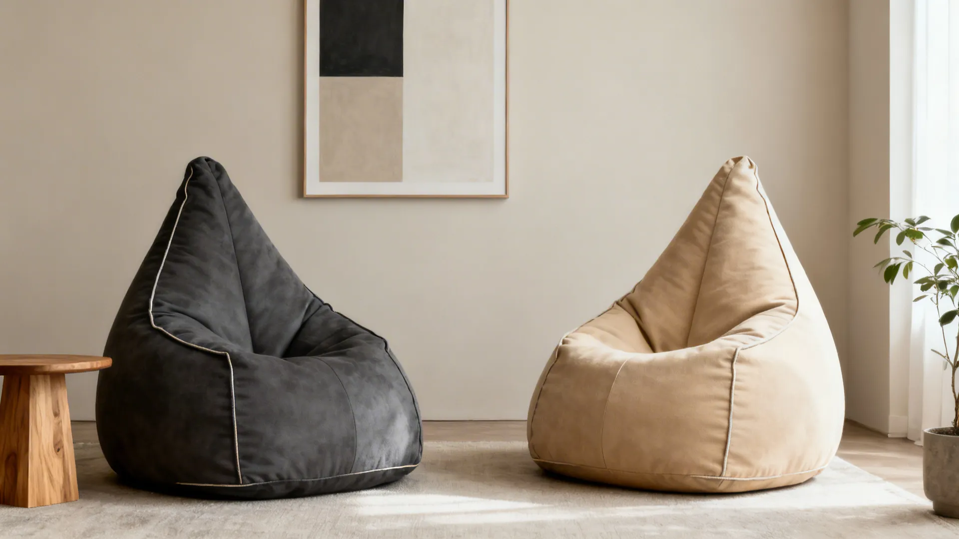 Charcoal and sand teardrop bean bags with matching wall art in a minimalist living room.