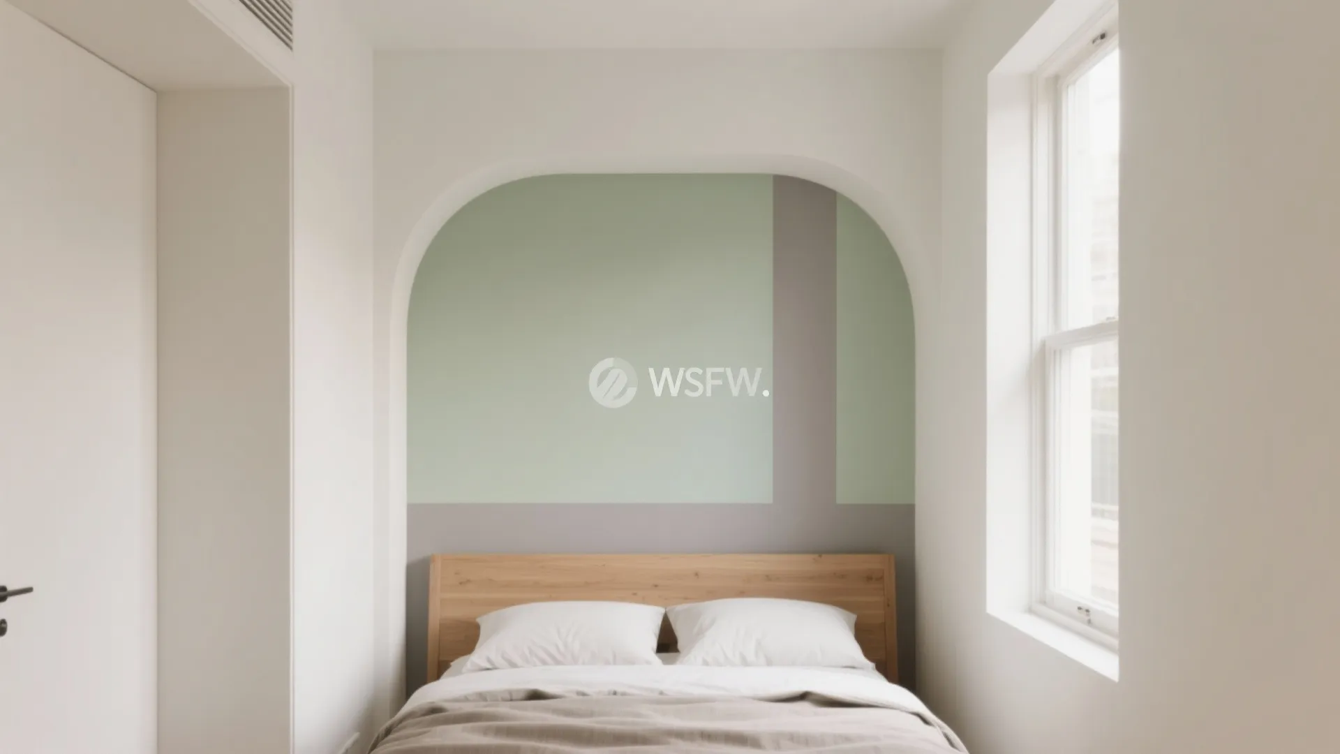 Minimalist bedroom with wooden bed headboard and arched green color block wall paint design detail
