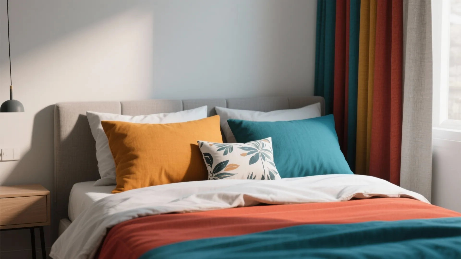 2. Color-Blocked Bedding and Curtains