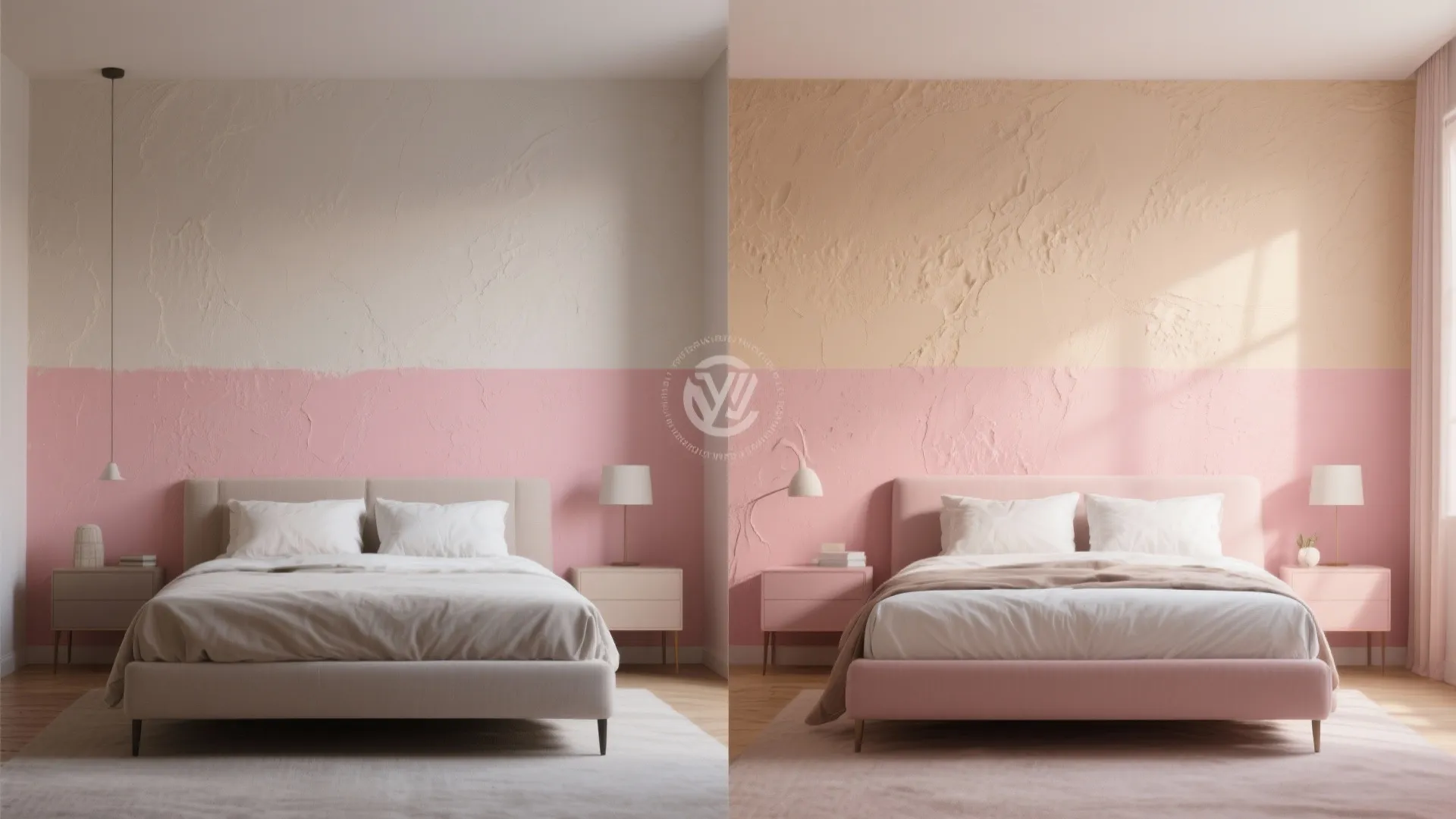 Bedroom wall transformation with blush and beige color blocking