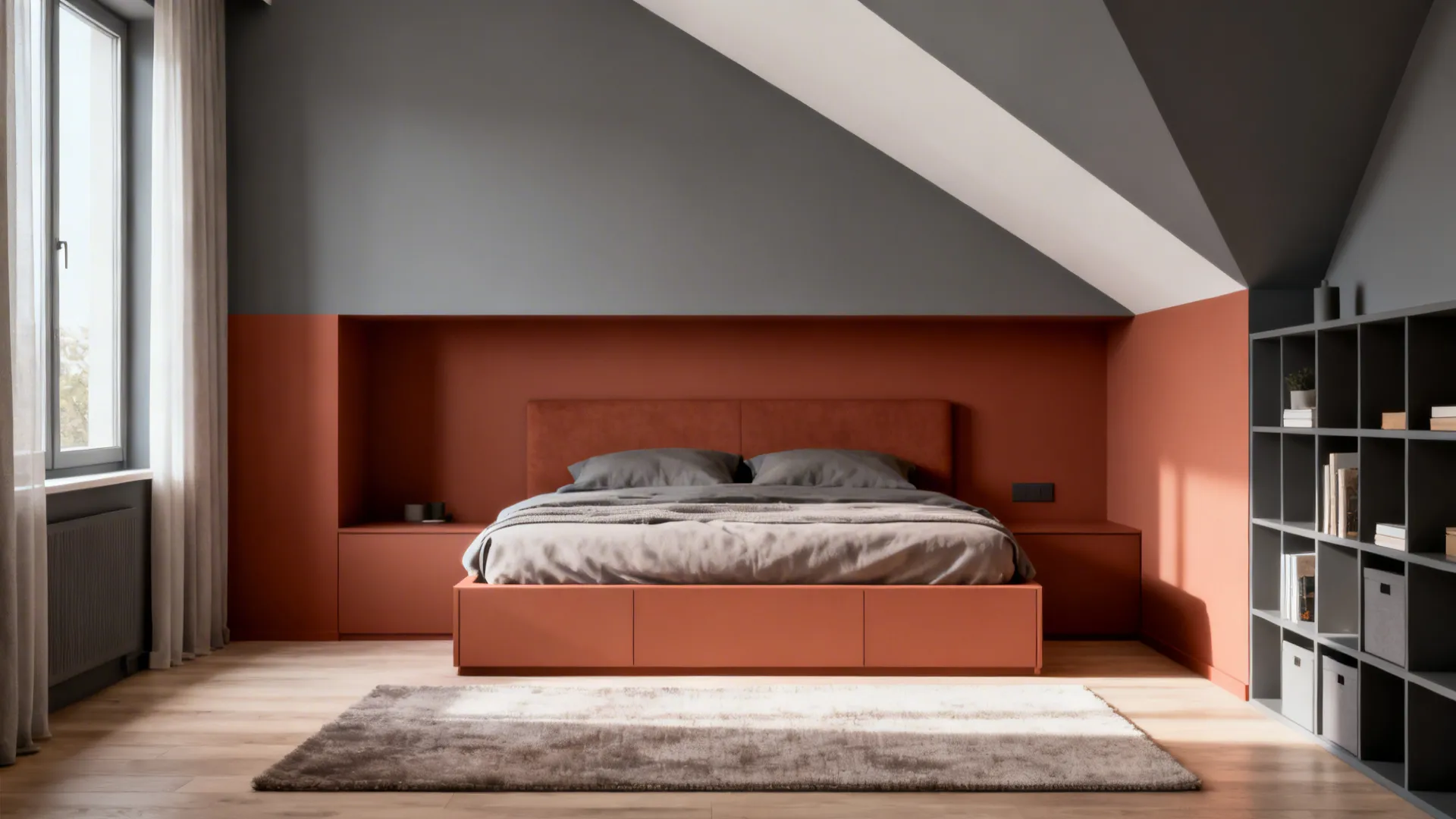 Small bedroom with color-blocked lower wall and contrasting slanted ceiling defining the sleep zone