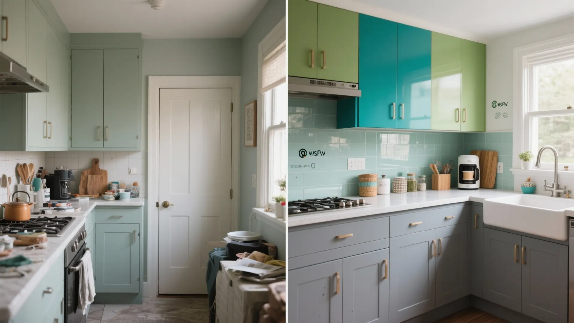 Before and after comparison of old kitchen versus new design with colorful cabinets and white sink