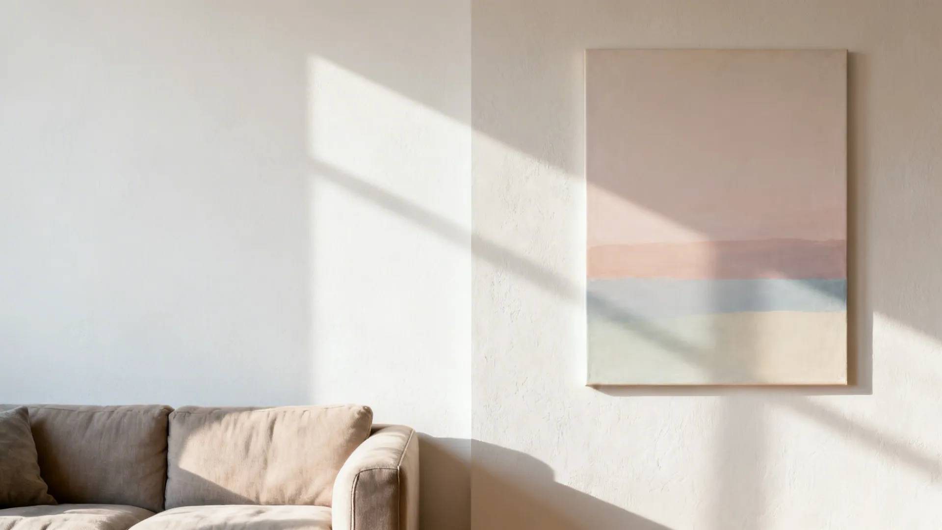 Before and after view showing a blank wall versus a soft color-block canvas above a sofa.