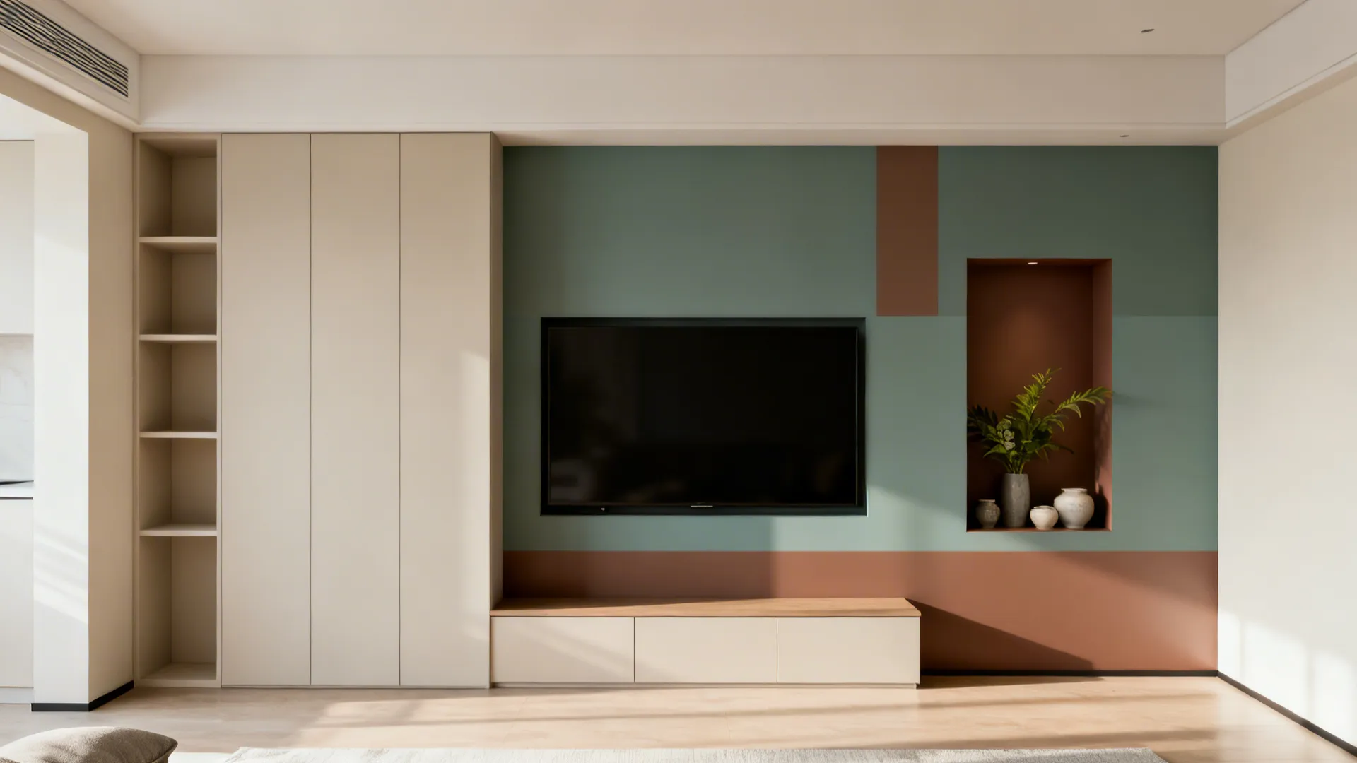 Before–after of a media wall transformed with a rich color-blocked niche and subtle glaze.