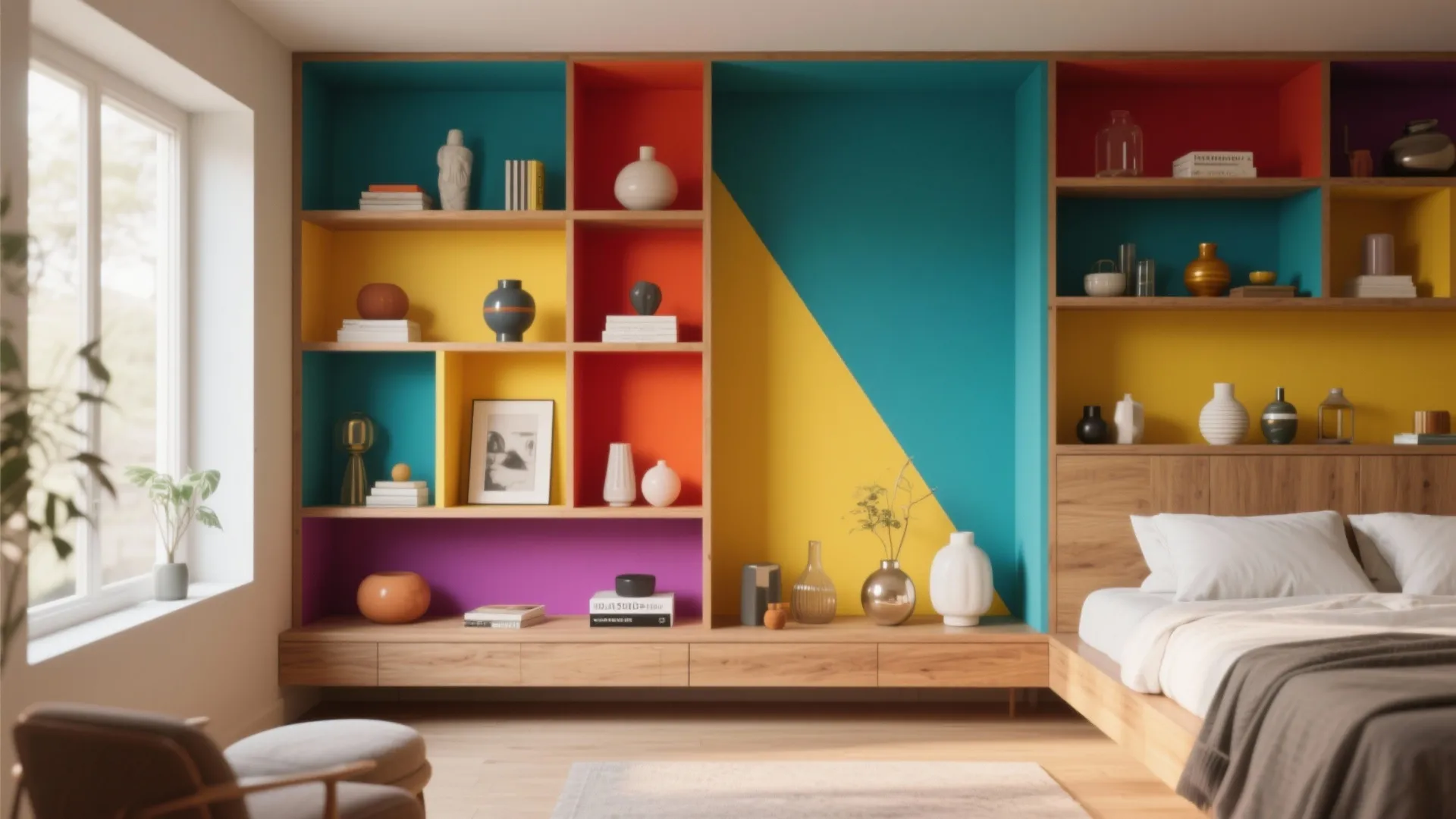 Modern bedroom featuring a large wooden wall cabinet with colorful yellow blue and red compartments