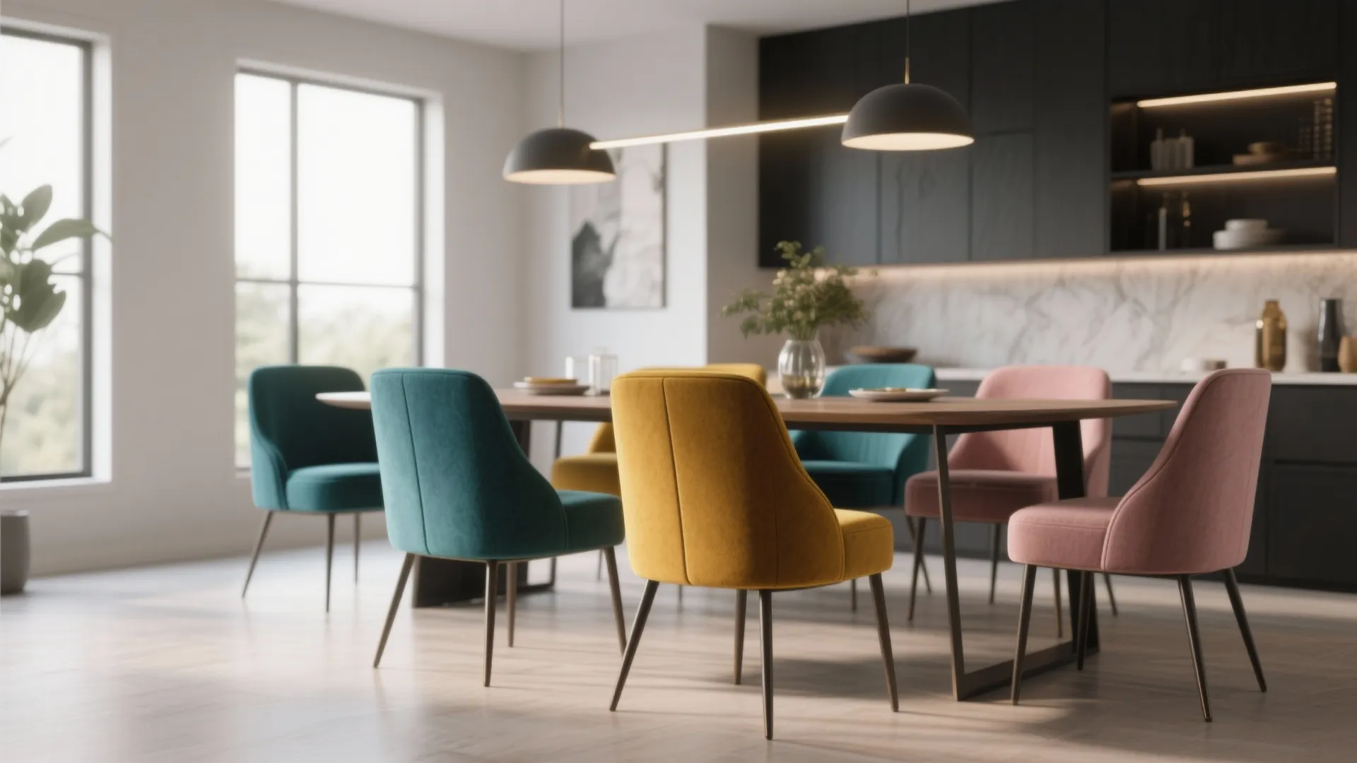 Modern dining room featuring colorful velvet chairs in yellow teal and pink around wooden table