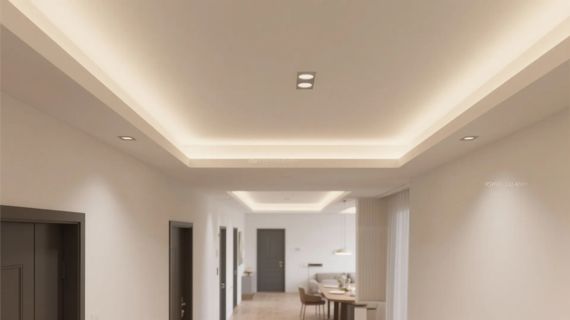 Painted ceiling band tracing the L-path with micro coffers and warm rim lighting.