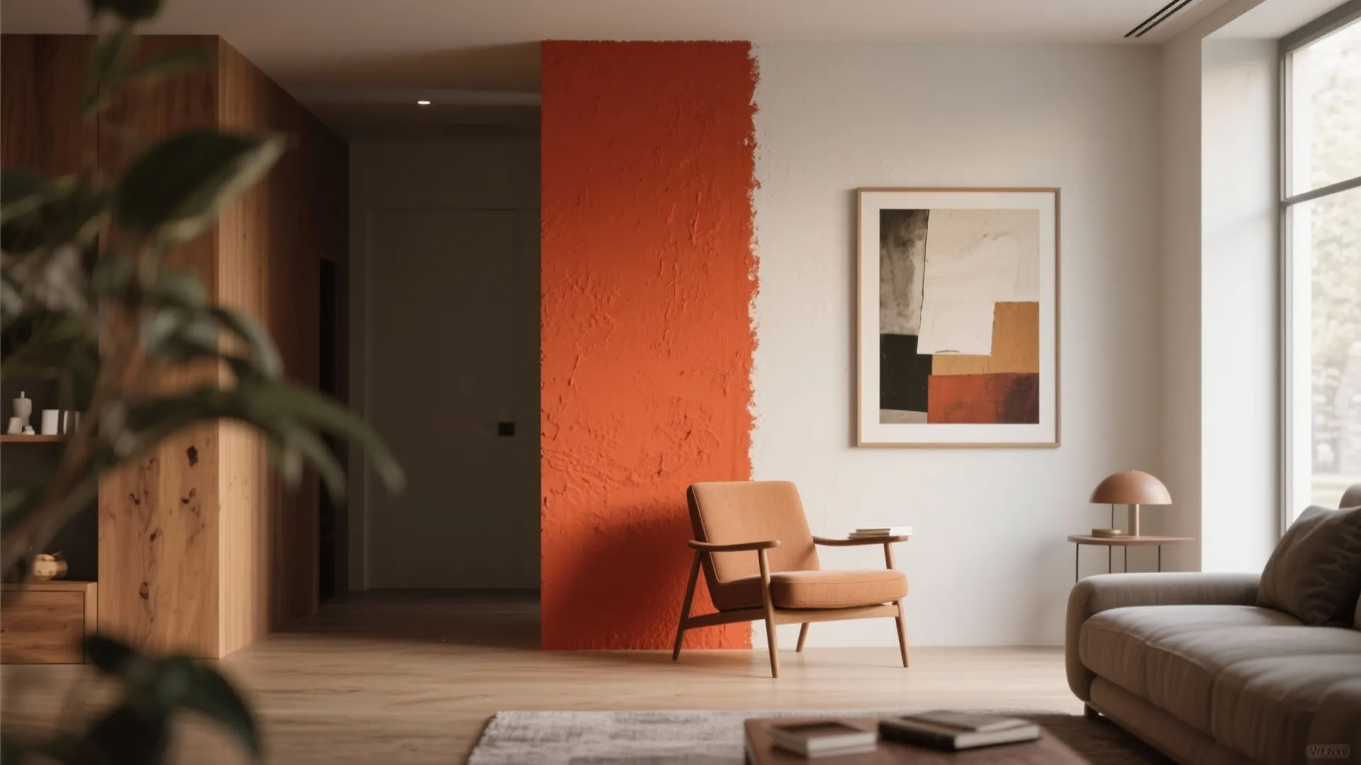 Minimalist living room with orange accent wall wooden chair wall art and a small side table