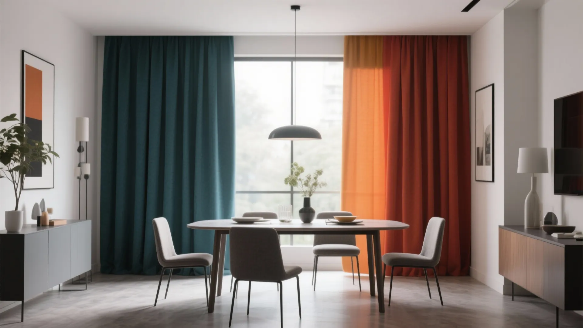 Color-blocked curtains in modern dining room