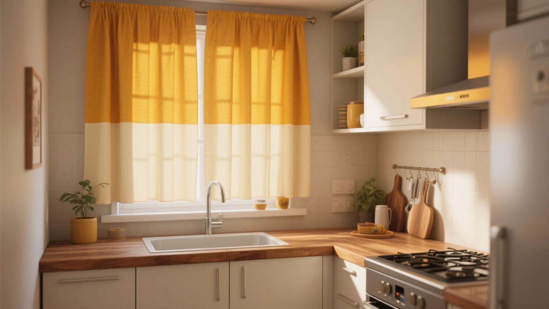 Modern kitchen featuring yellow and white curtains wooden countertop white cabinets and a stainless sink