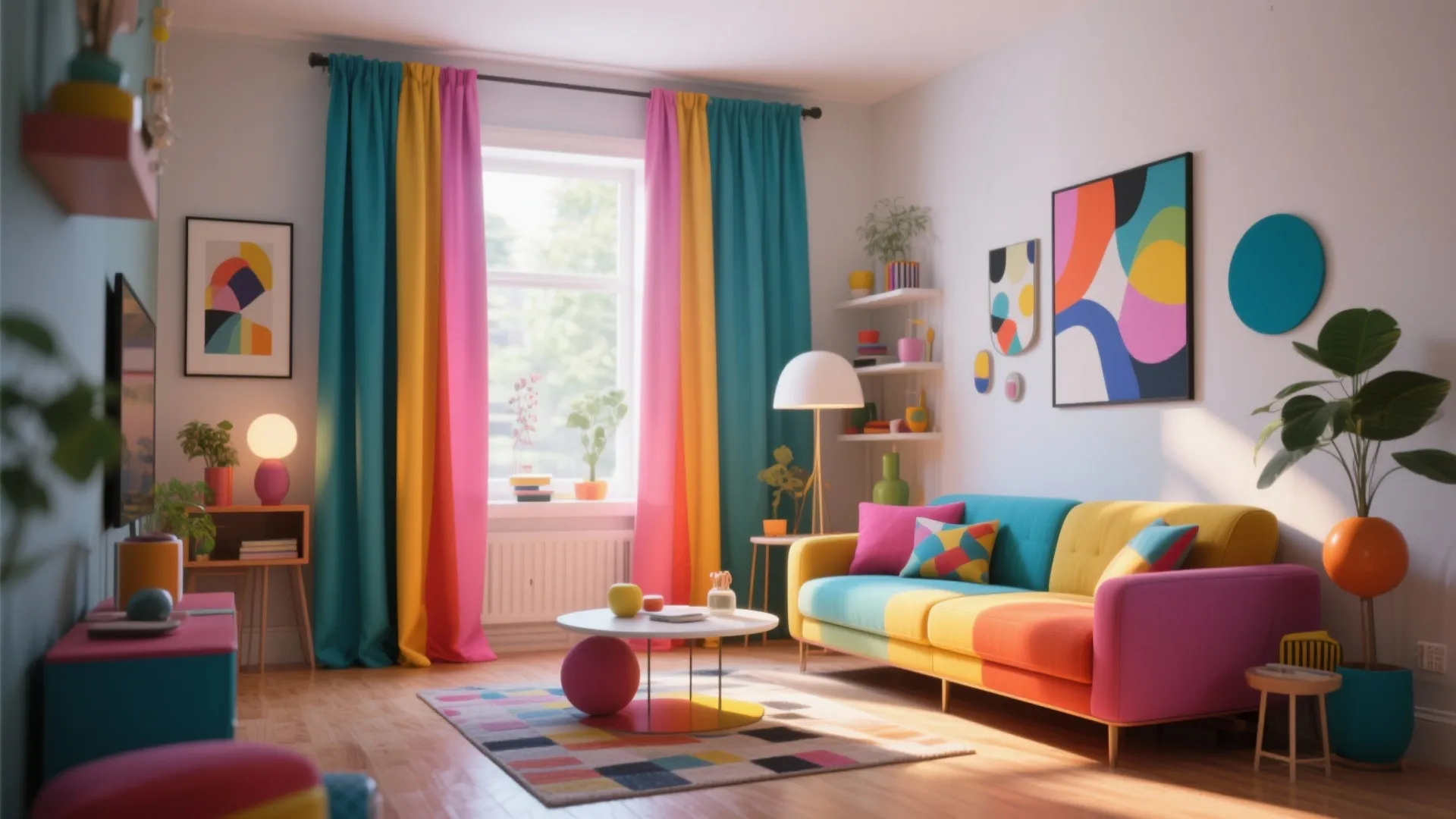 Bright living room with colorful curtains yellow sofa rainbow rug wall art and modern light fixtures