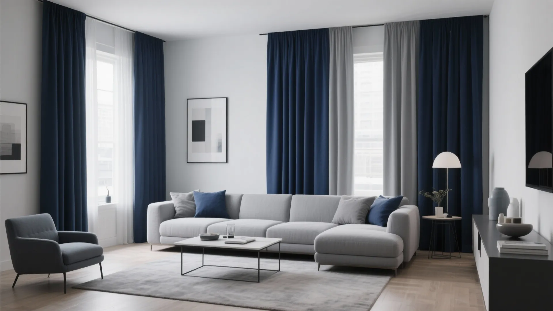 Modern living room featuring blue and grey color block curtains with a large grey sofa