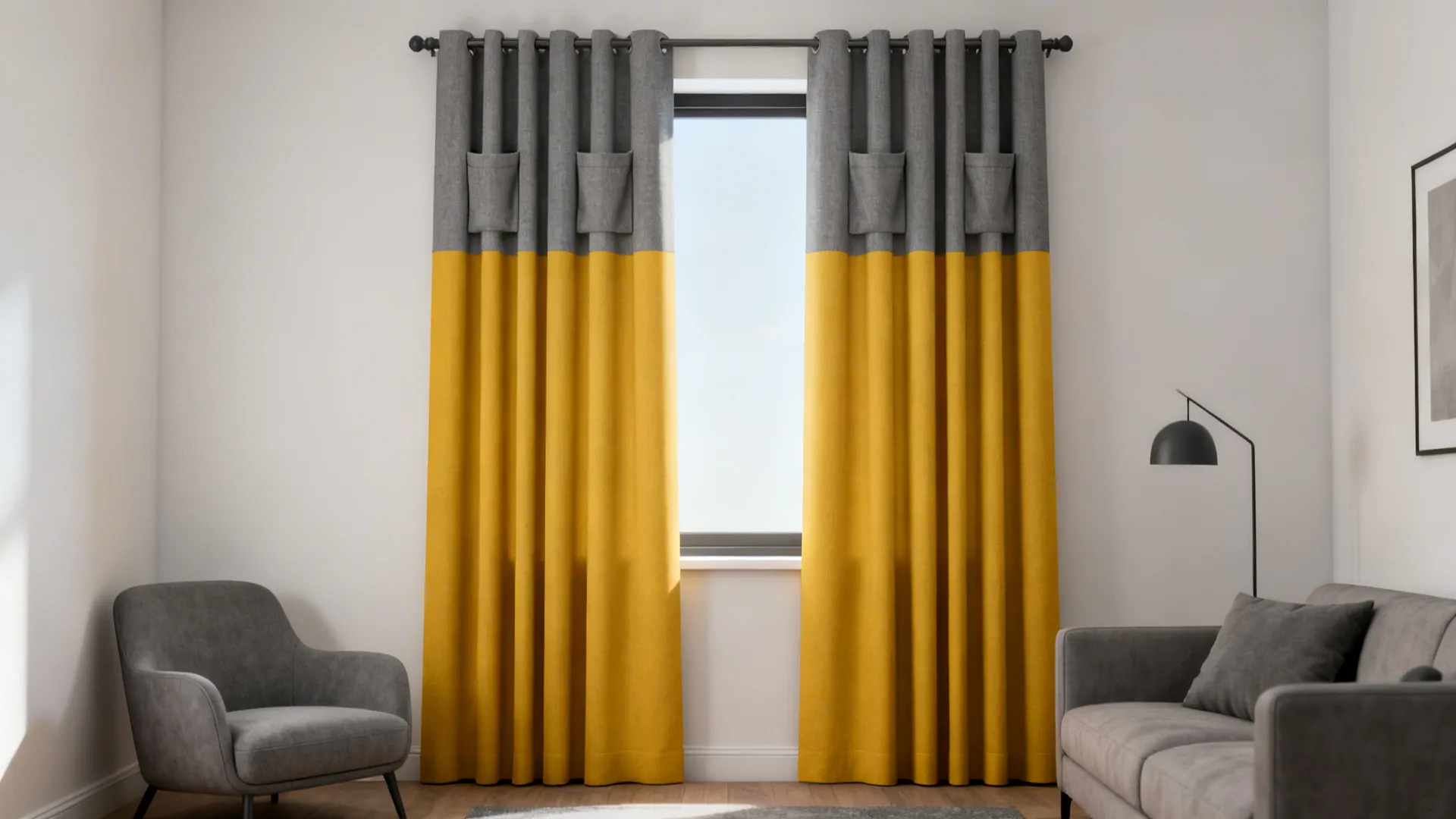 Small living room with bold color-block gray and mustard rod-pocket curtains and muted furnishings.