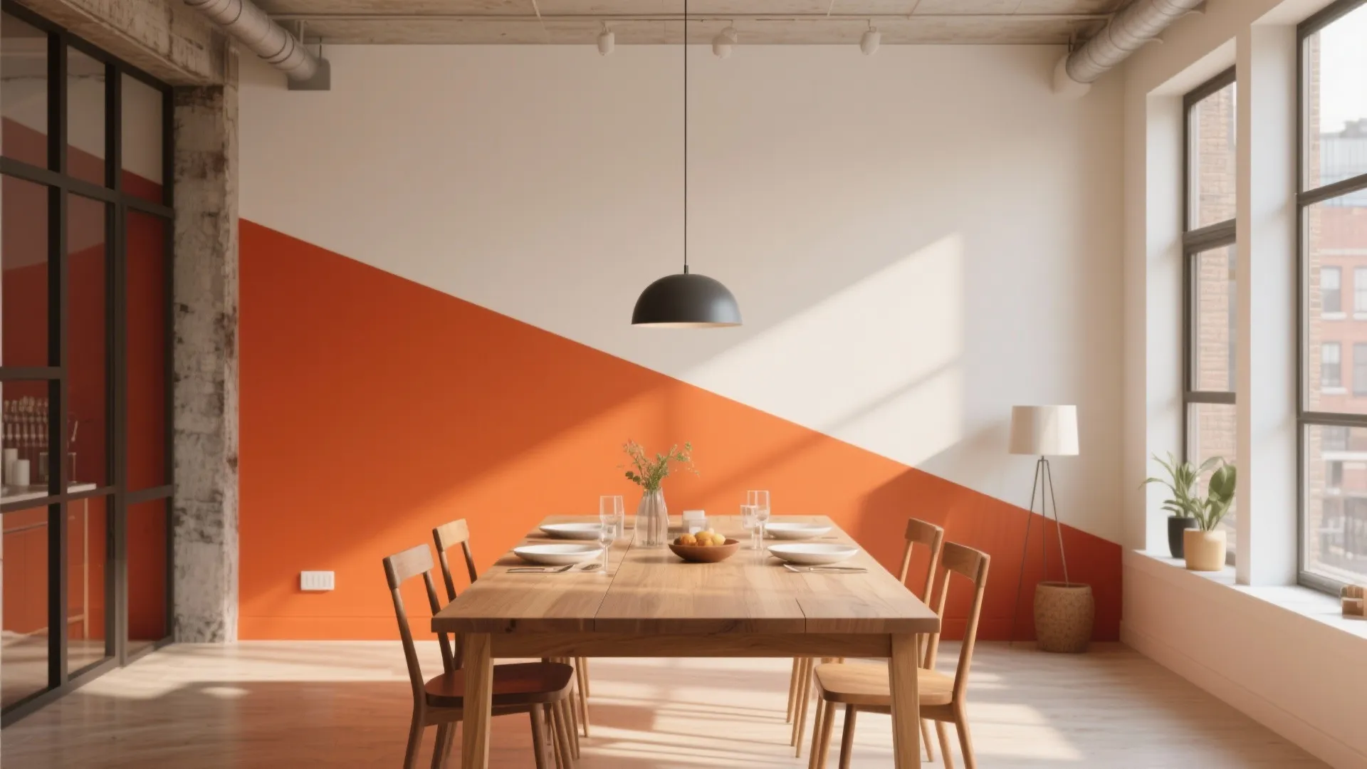 Dining room with terracotta and cream color-blocked walls