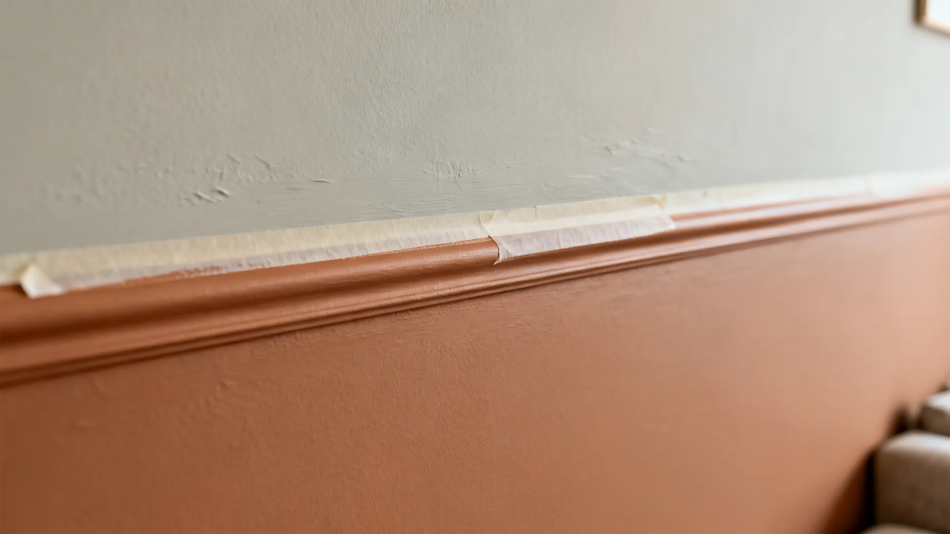 Close-up of a sharp line between pale greige and cinnamon-clay color-blocked wall.