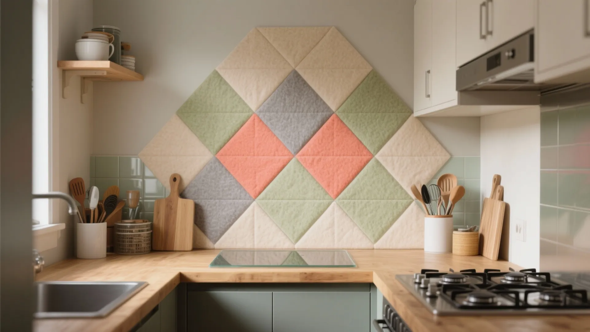 Modern kitchen with wood countertop and colorful geometric felt wall panels behind the stove area