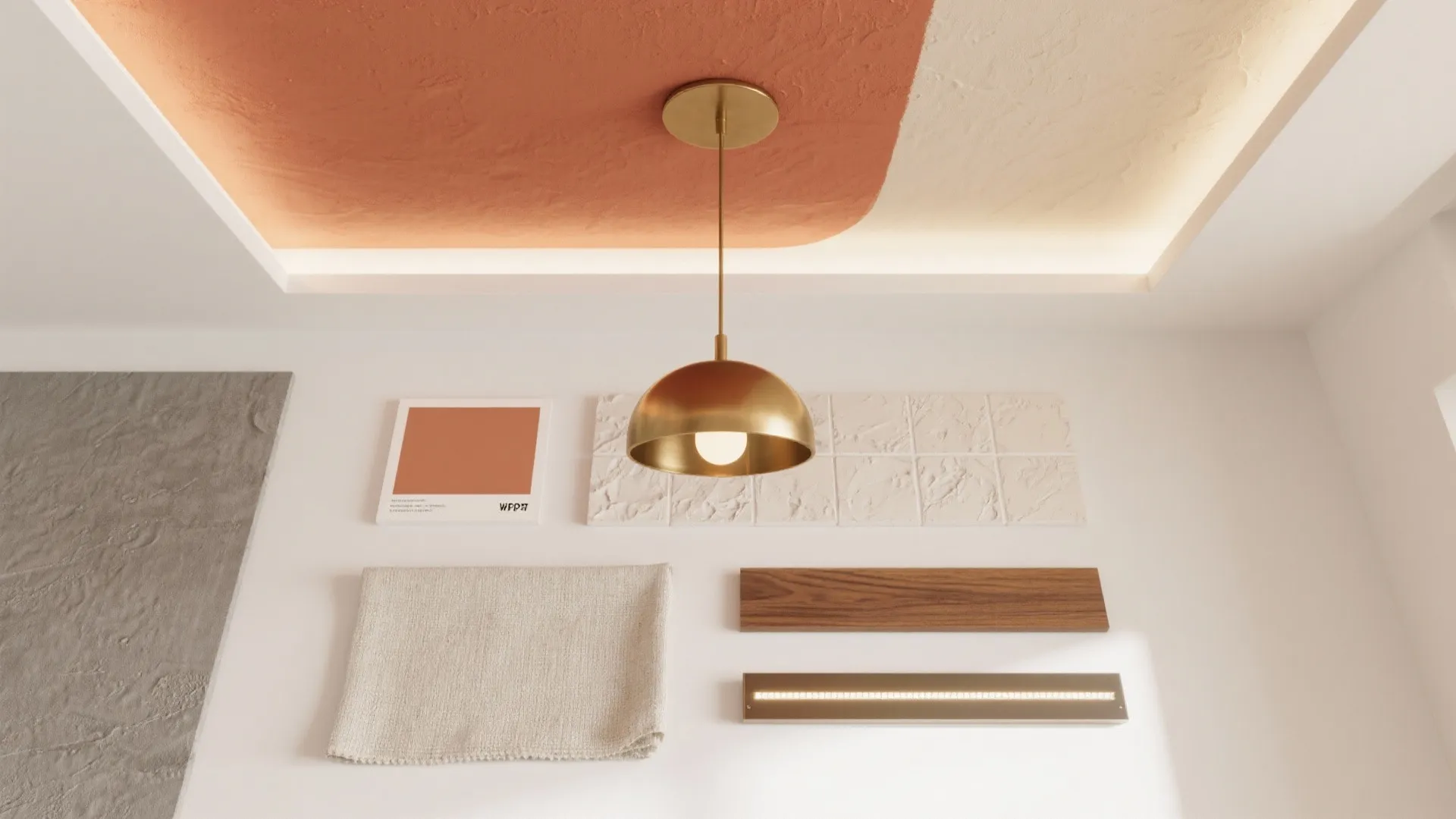 Interior design material board featuring gold ceiling light orange paint sample white tiles and wood