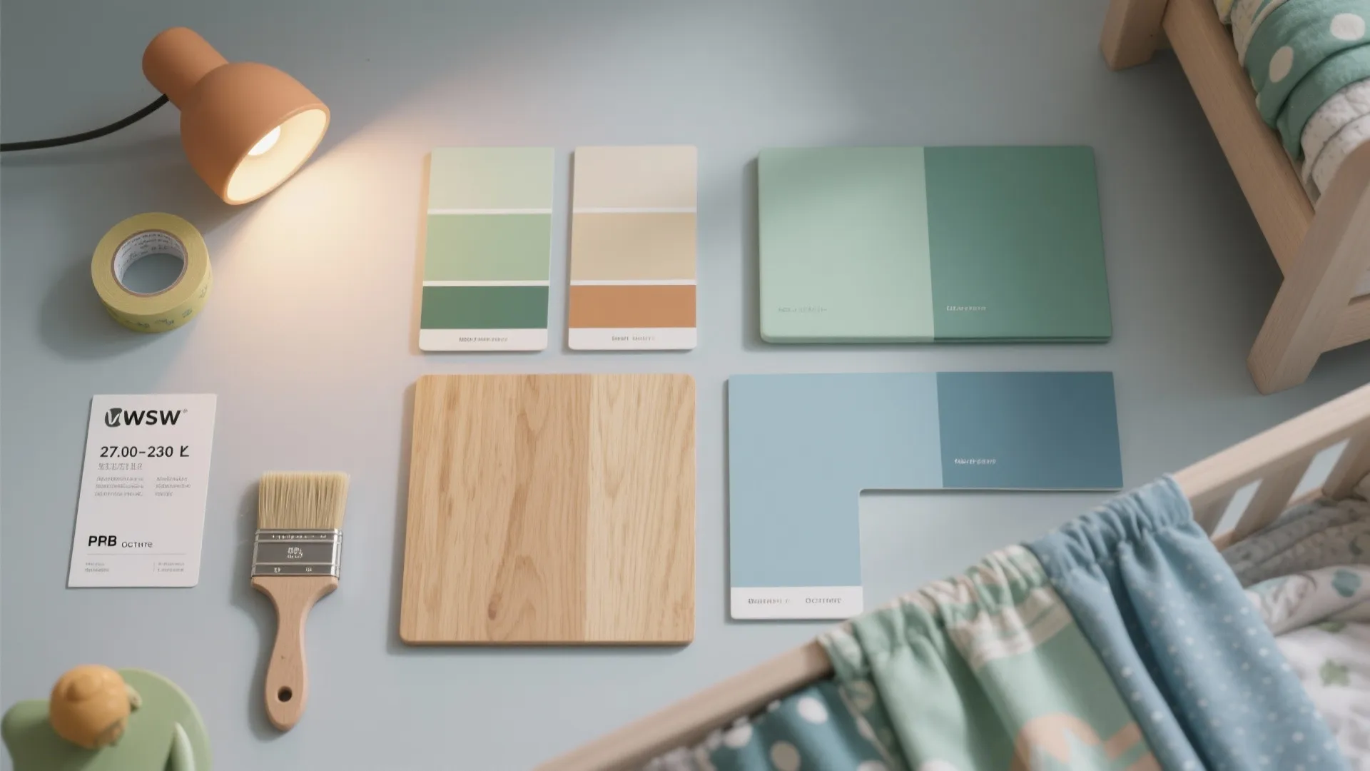 Color palette cards with wood sample and paint brush on a blue table for home decoration