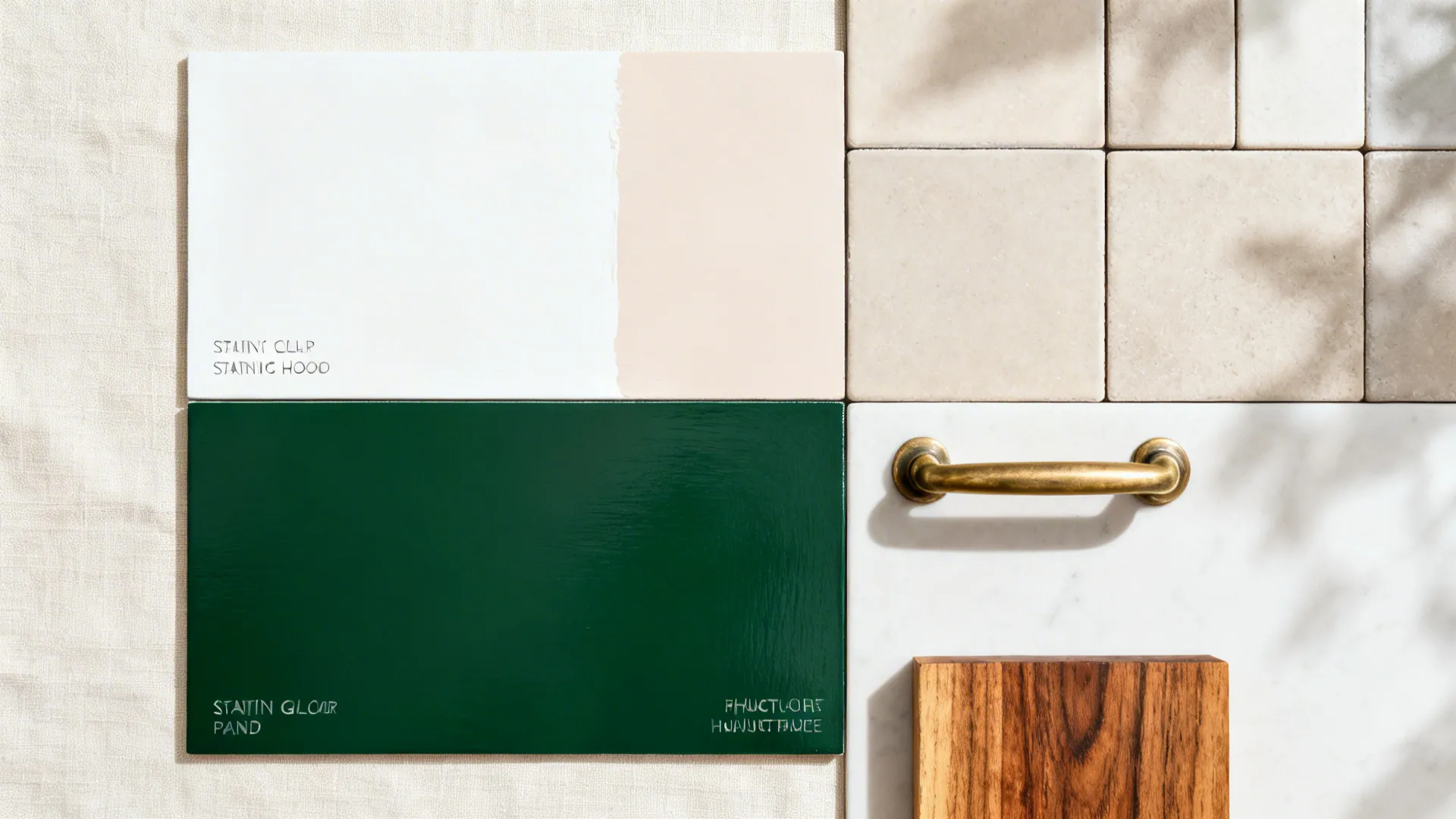 Flat lay with deep green and clay/white paint chips, brass pull, wood, and tile samples.