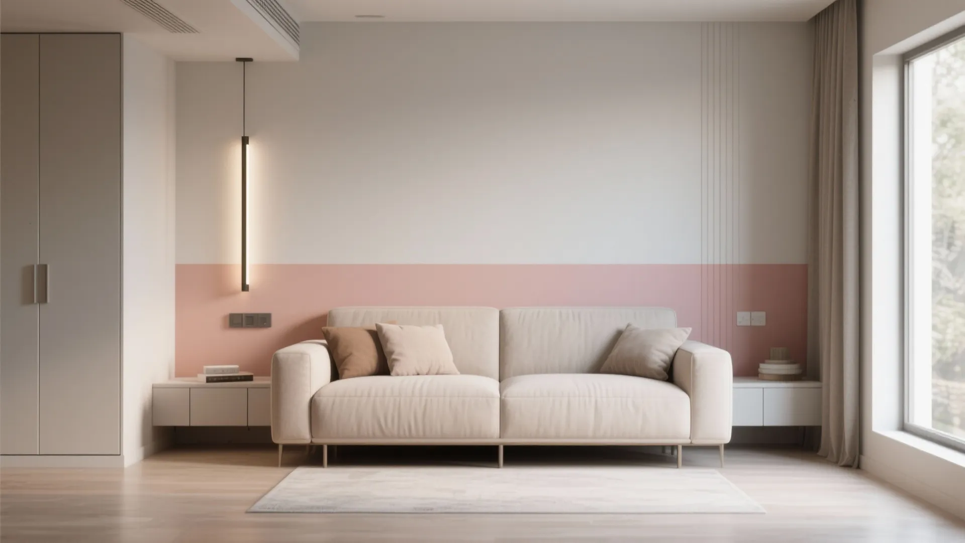 Modern living room with pink wall section cream sofa floating cabinet and long hanging light