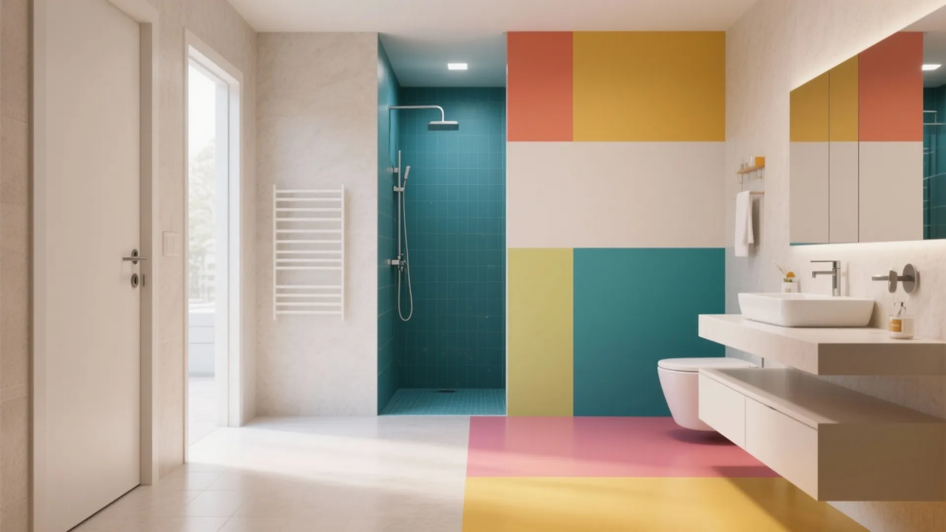 Colorful modern bathroom featuring blue shower tiles, yellow and pink floor patterns, and white sink