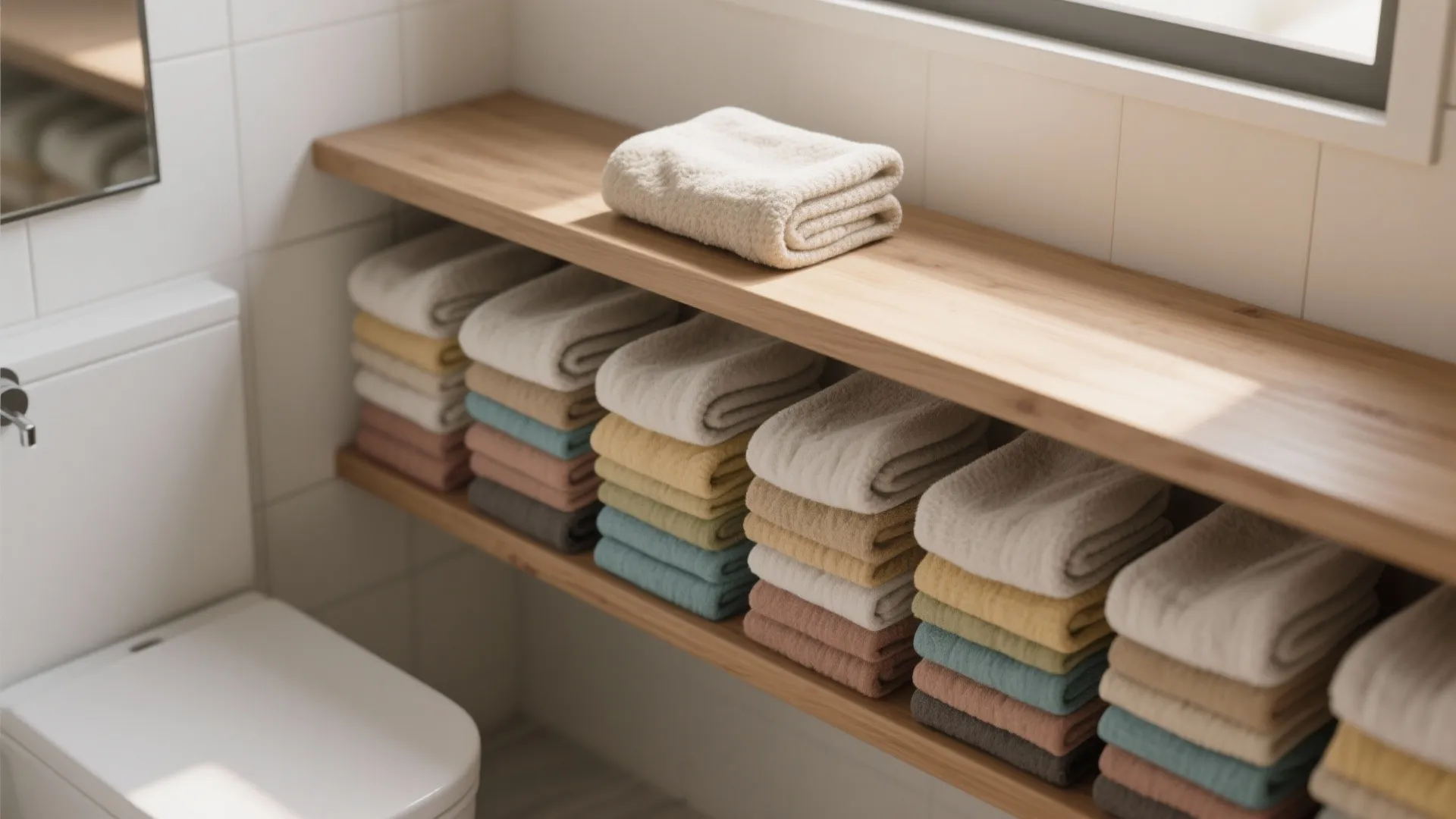 Neatly stacked colorful towels on wooden shelves next to a white toilet in bright bathroom