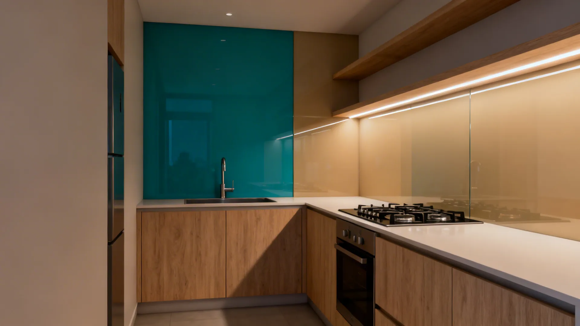 Teal feature wall in back painted glass paired with warm beige glass in a small Mumbai kitchen.