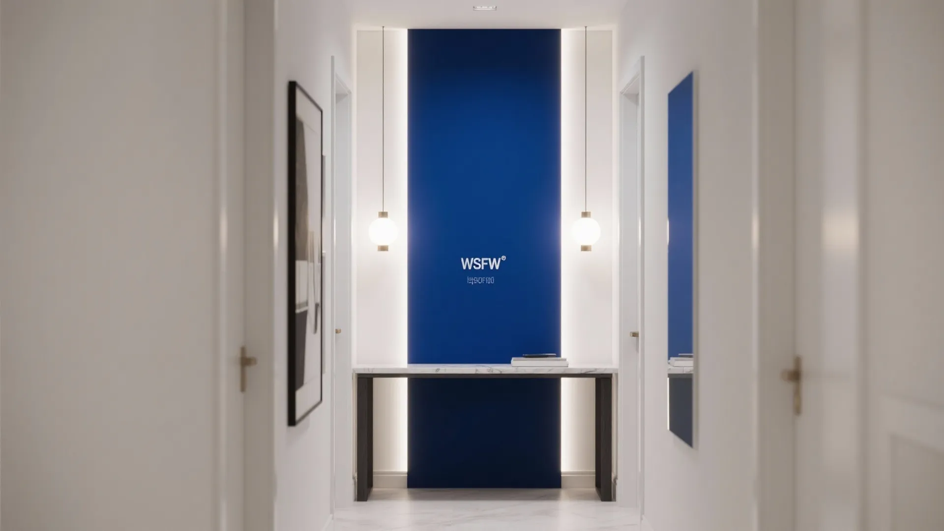 Minimalist white hallway with blue wall panel, slim console table, and two round ceiling lights