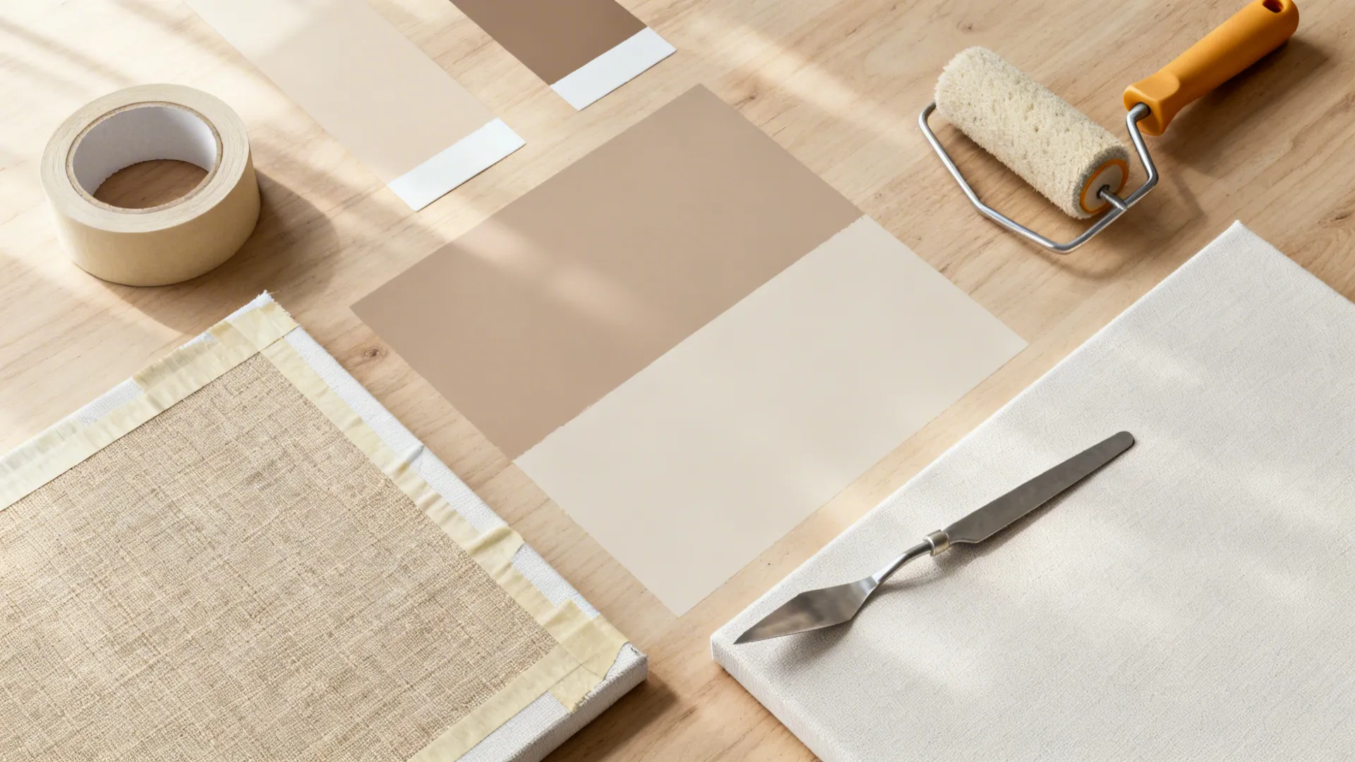 Top-down flat lay of paints, painter’s tape, roller, and linen canvas for color-block art.