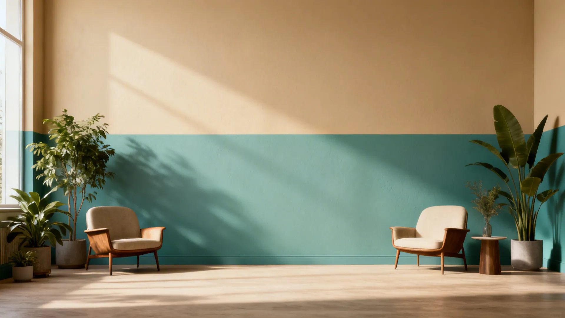 Living area with horizontal color blocks of warm sand and muted teal creating visual length.