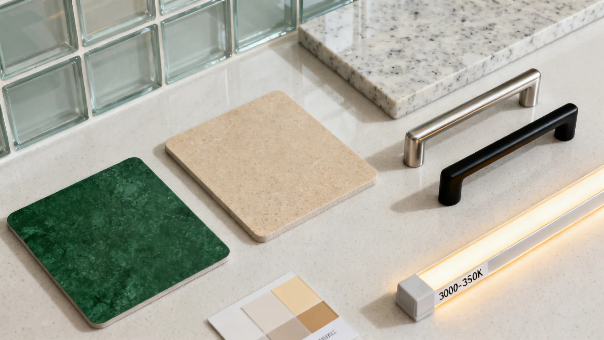 Top-down flat lay of sunmica samples in forest green and sand, hardware, glass tile, and quartz swatches.